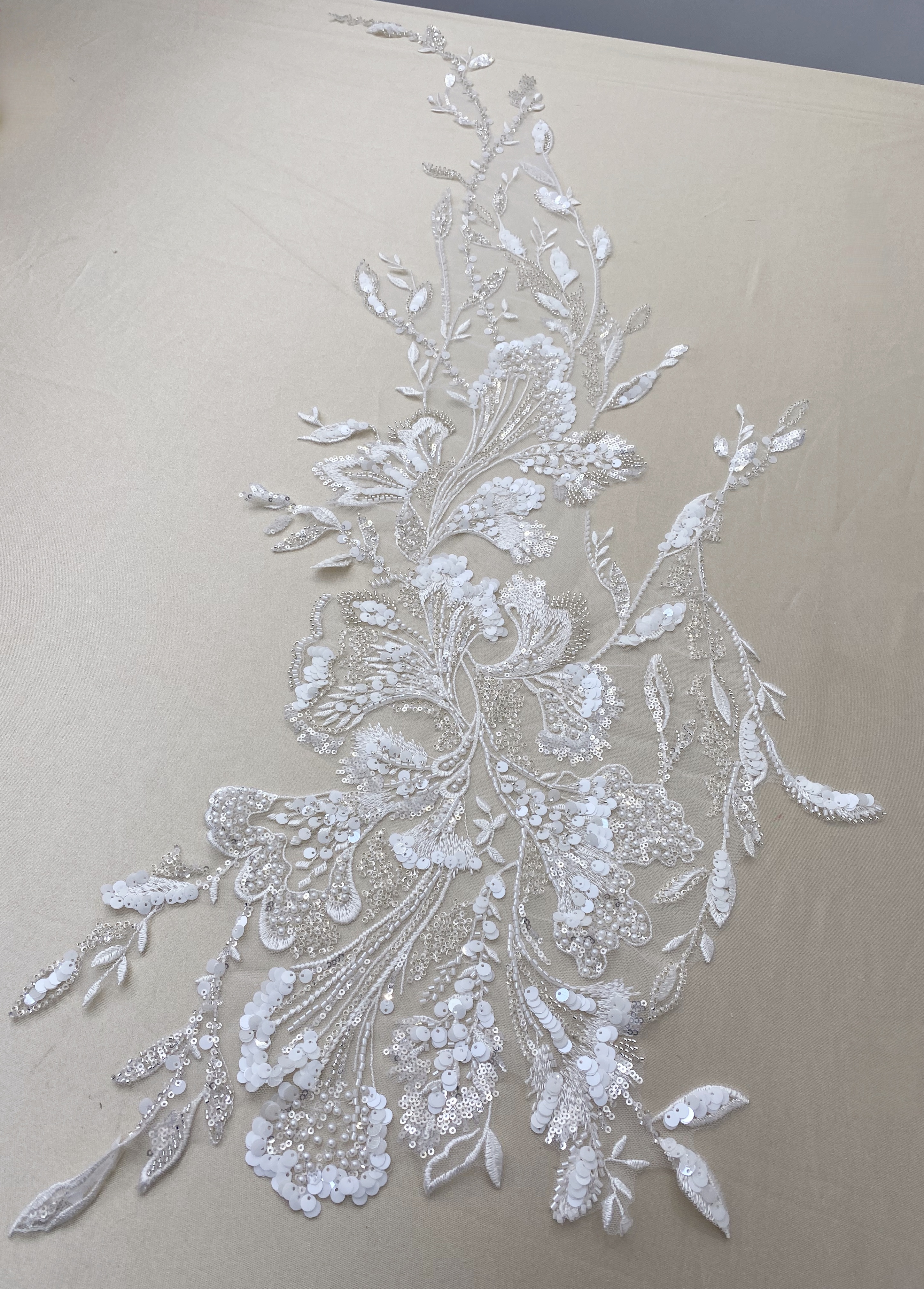 Beaded Lace Trim with Sequins, White Sequined Petal 3D Lace Applique Pair with Handmade Beads for Costume, Bridal Gown, Prom Dress