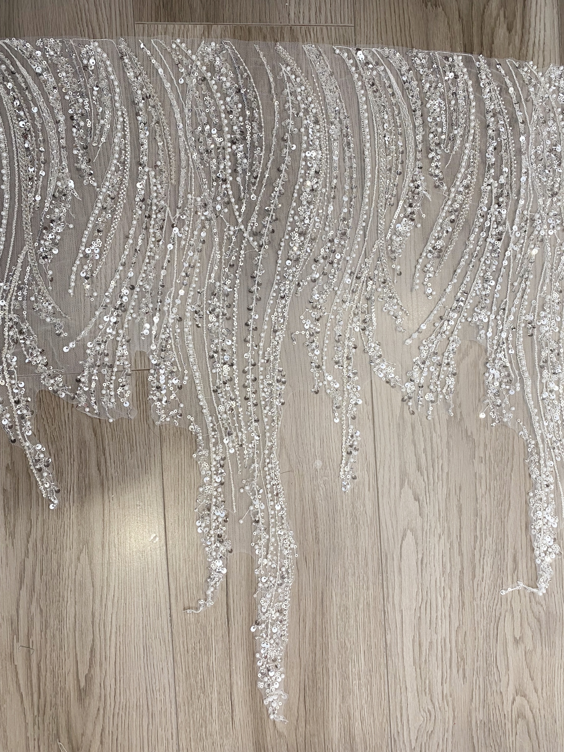 Luxury Silver Beaded Lace Trim with Sequins and Beads,3D Wave Lace Fabric for Wedding Veil, Dress Hem or Evening Gown