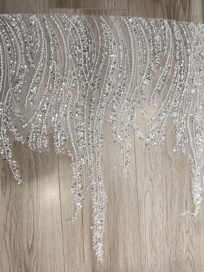Luxury Silver Beaded Lace Trim with Sequins and Beads,3D Wave Lace Fabric for Wedding Veil, Dress Hem or Evening Gown