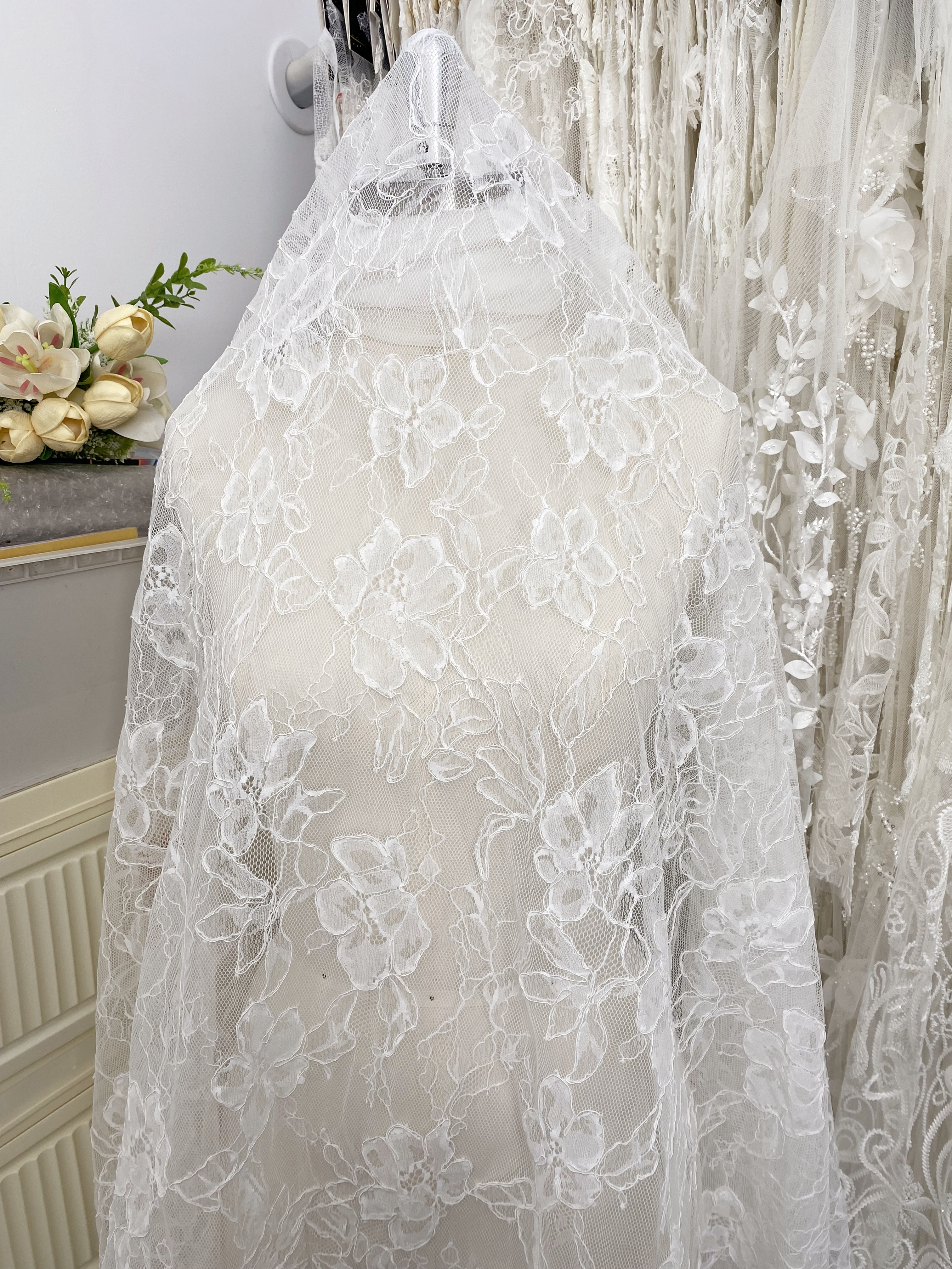 Off White French Alencon Lace Fabric with Corded Floral, Bridal Wedding Floral Embroidery Lace Fabric Sold as 3 meters
