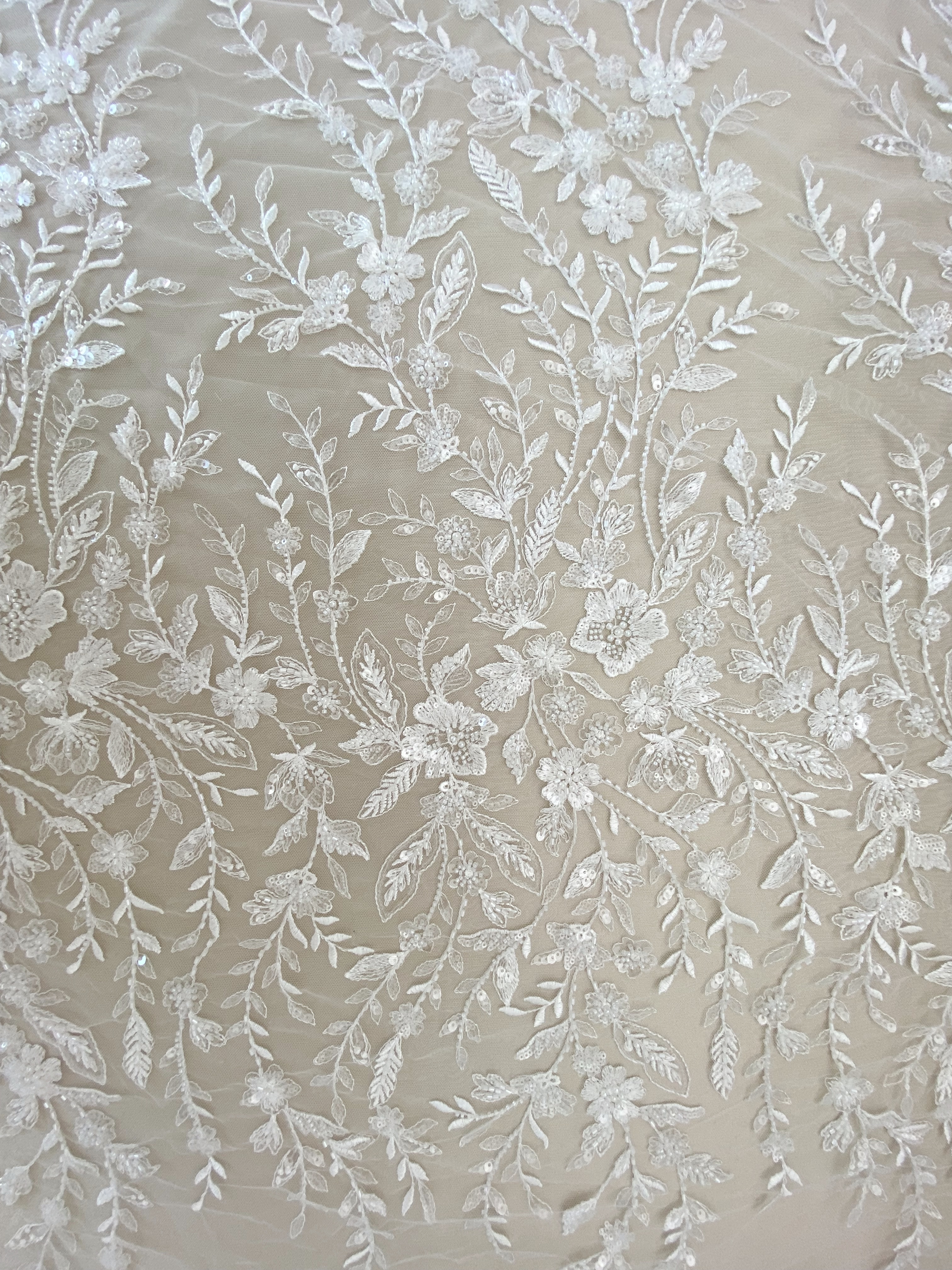 Beaded Flower Bridal Lace Fabric with Transparent Sequins, Floral Tulle Lace Fabric, Luxurious Embroidery Wedding Dress Lace By Yard