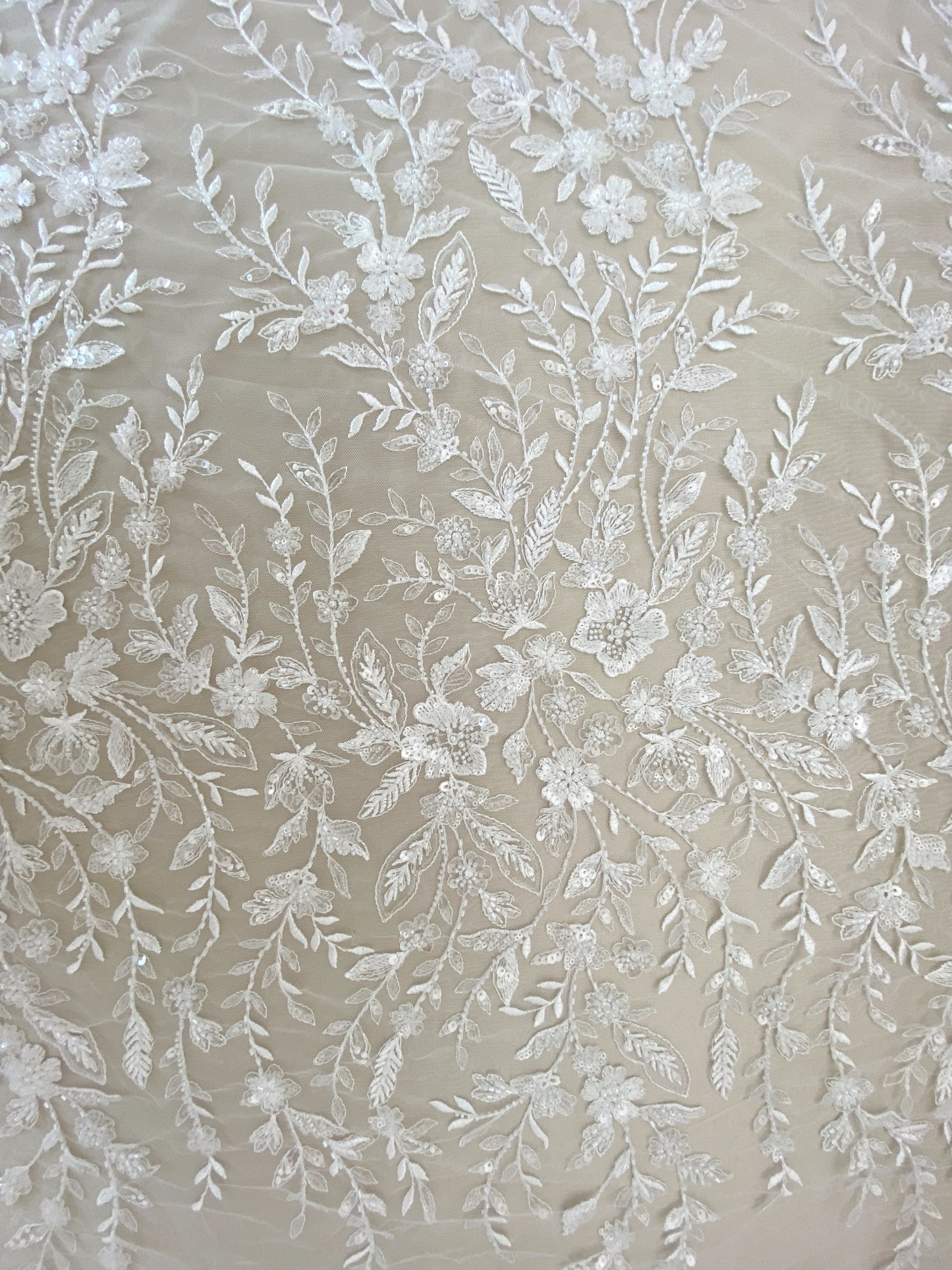 Beaded Flower Bridal Lace Fabric with Transparent Sequins, Floral Tulle Lace Fabric, Luxurious Embroidery Wedding Dress Lace By Yard