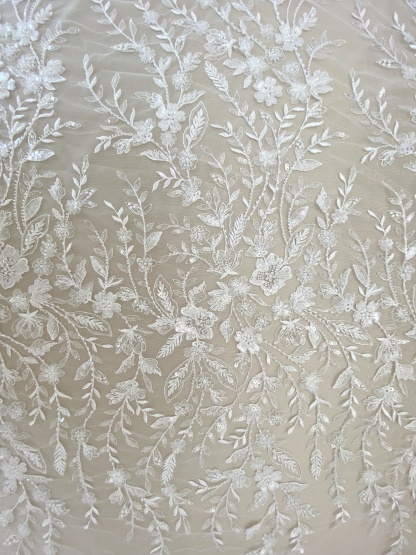 Beaded Flower Bridal Lace Fabric with Transparent Sequins, Floral Tulle Lace Fabric, Luxurious Embroidery Wedding Dress Lace By Yard