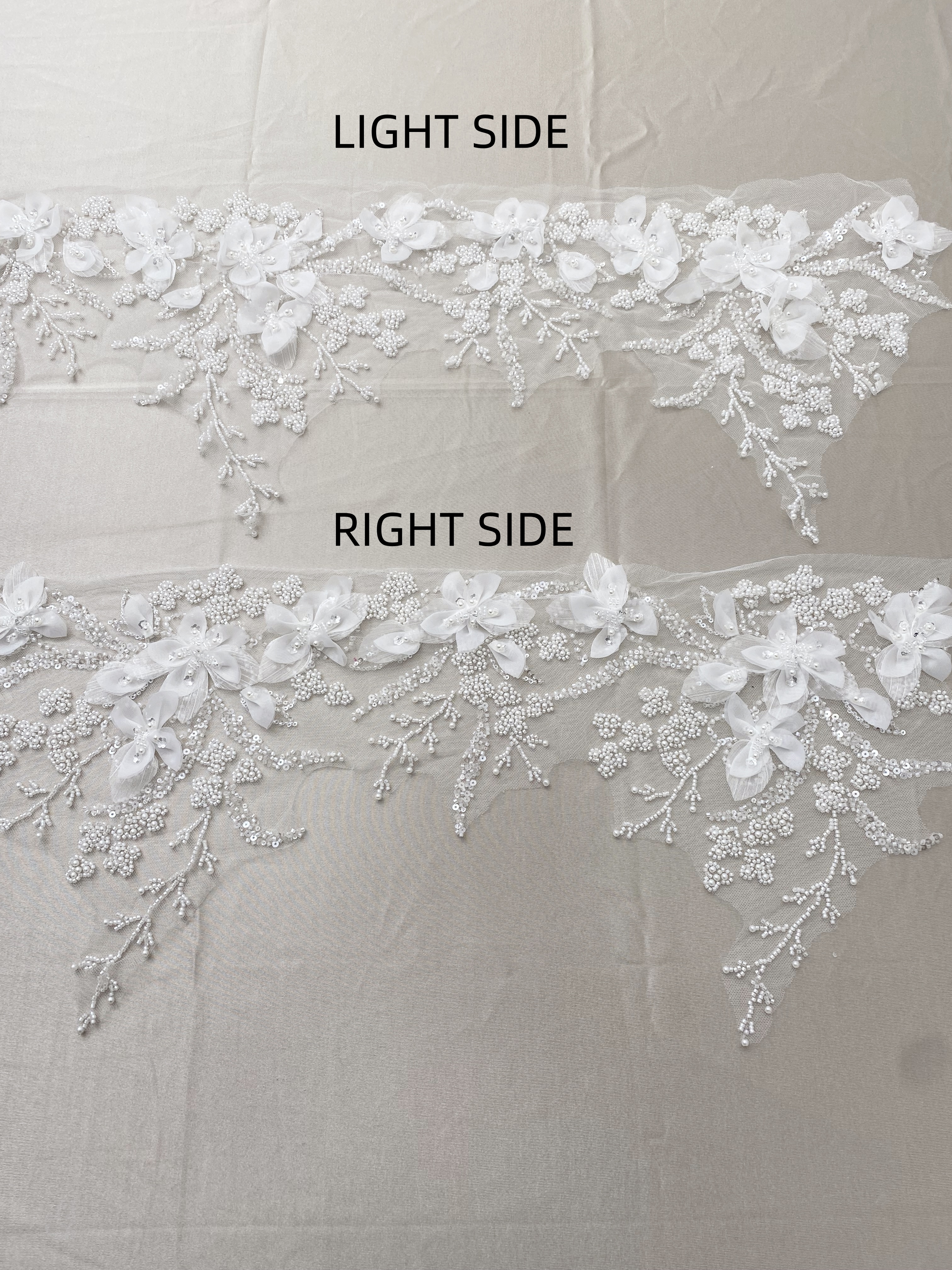 Luxury ivory 3D hand beaded bridal lace applique piece for wedding gown bodice, Veil, DIY dress making, wedding dress trim,1 Pair