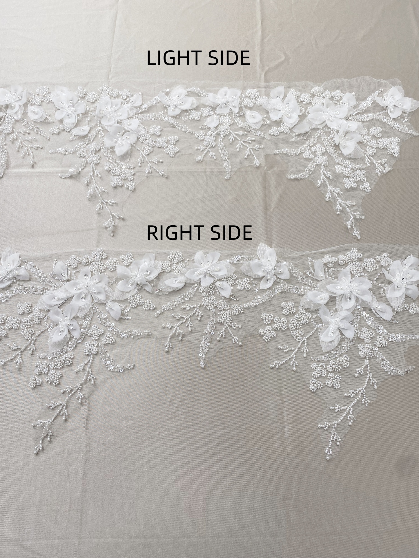 Luxury ivory 3D hand beaded bridal lace applique piece for wedding gown bodice, Veil, DIY dress making, wedding dress trim,1 Pair