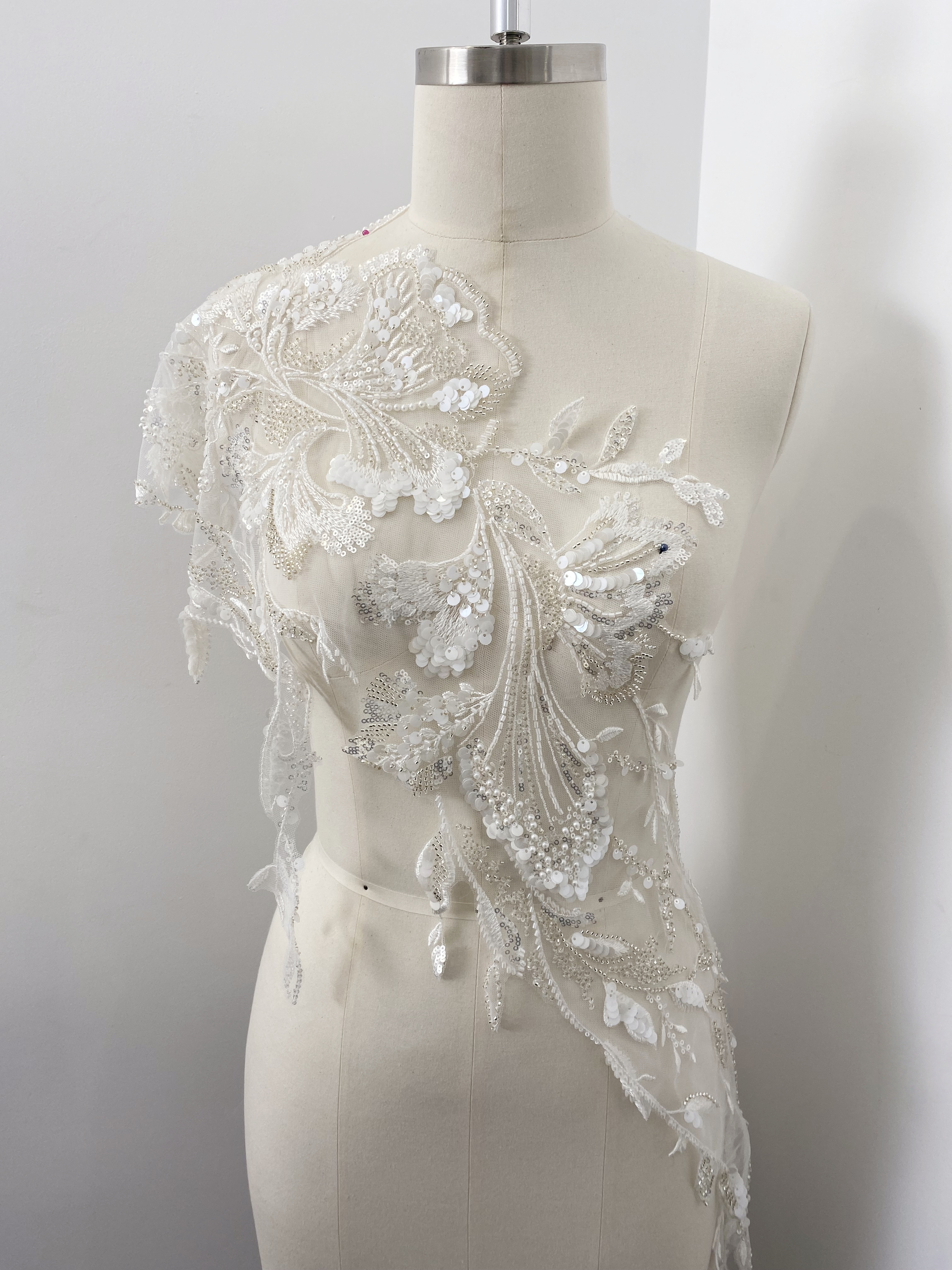 Beaded Lace Trim with Sequins, White Sequined Petal 3D Lace Applique Pair with Handmade Beads for Costume, Bridal Gown, Prom Dress