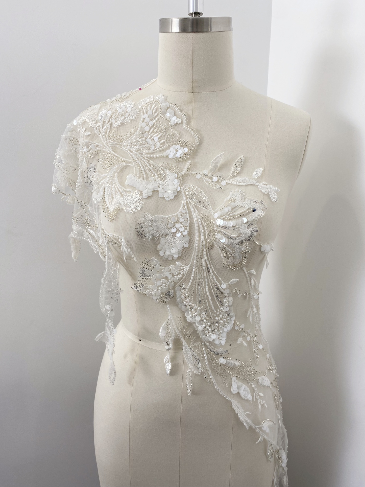 Beaded Lace Trim with Sequins, White Sequined Petal 3D Lace Applique Pair with Handmade Beads for Costume, Bridal Gown, Prom Dress