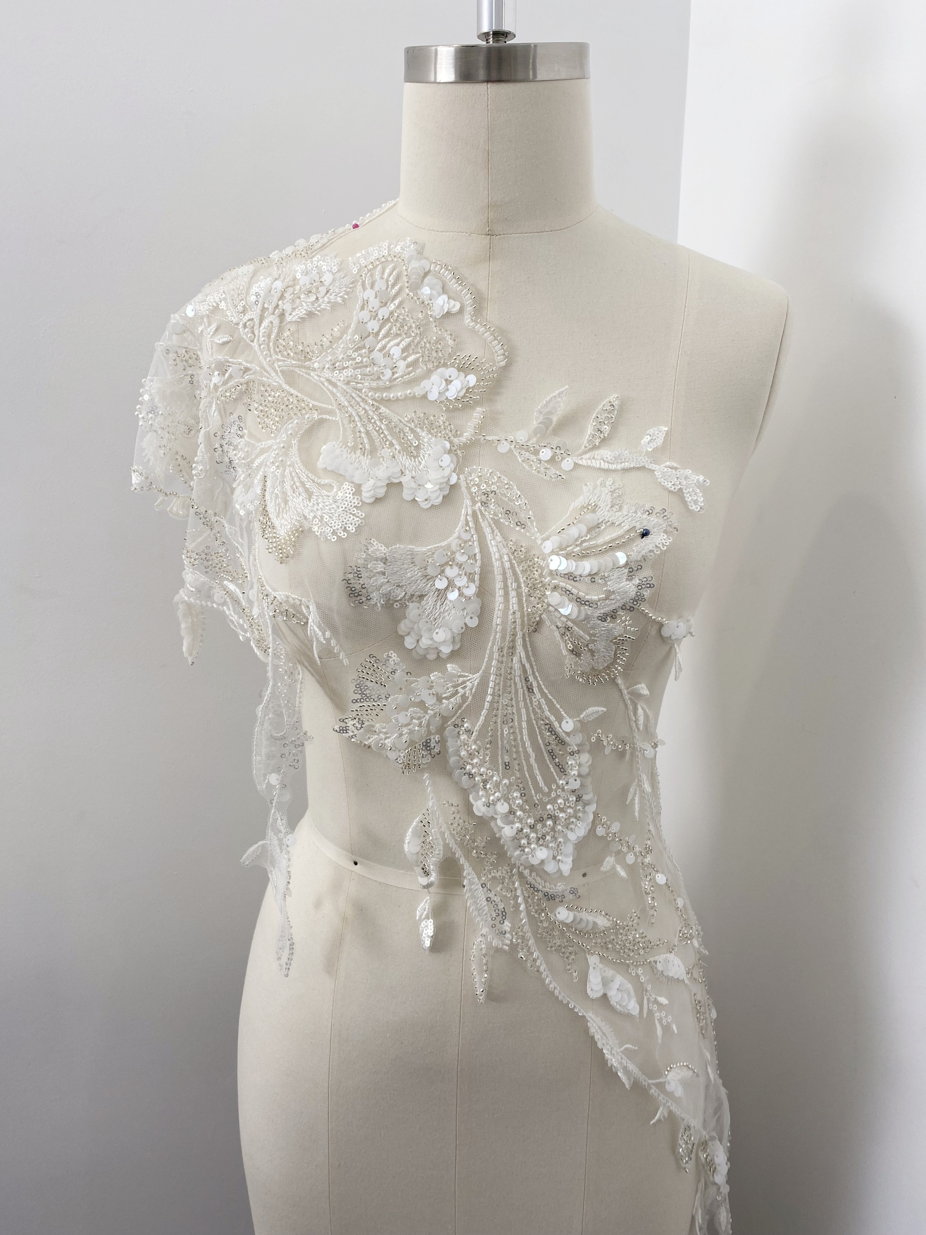 Beaded Lace Trim with Sequins, White Sequined Petal 3D Lace Applique Pair with Handmade Beads for Costume, Bridal Gown, Prom Dress