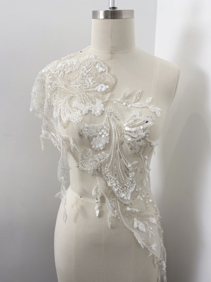 Beaded Lace Trim with Sequins, White Sequined Petal 3D Lace Applique Pair with Handmade Beads for Costume, Bridal Gown, Prom Dress