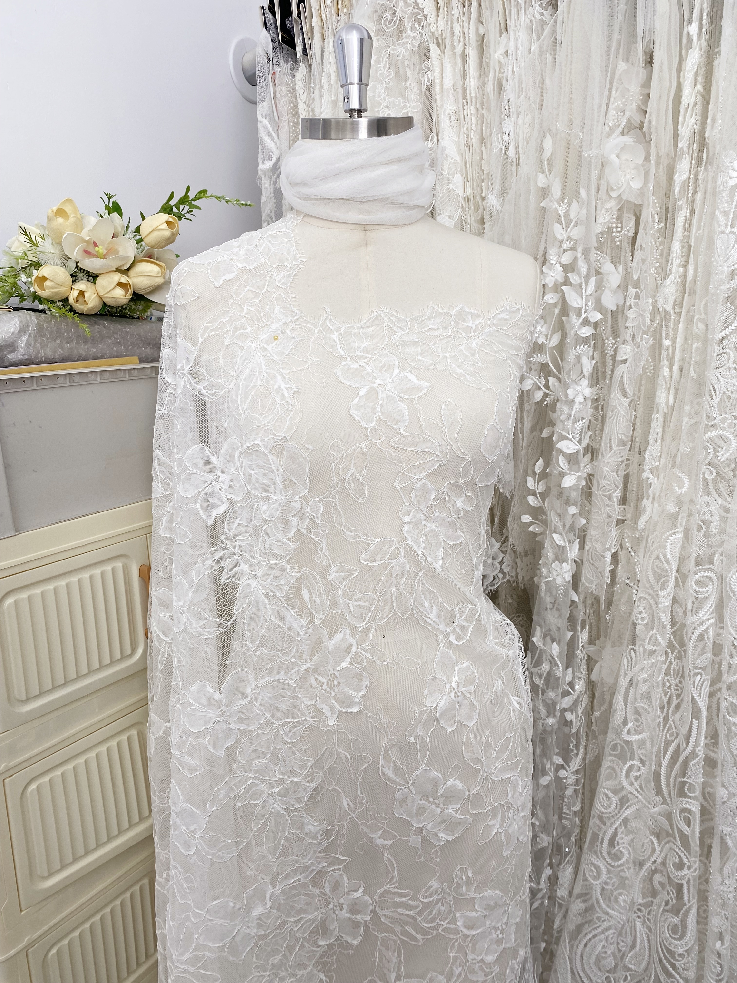 Off White French Alencon Lace Fabric with Corded Floral, Bridal Wedding Floral Embroidery Lace Fabric Sold as 3 meters