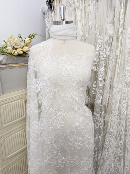 Off White French Alencon Lace Fabric with Corded Floral, Bridal Wedding Floral Embroidery Lace Fabric Sold as 3 meters
