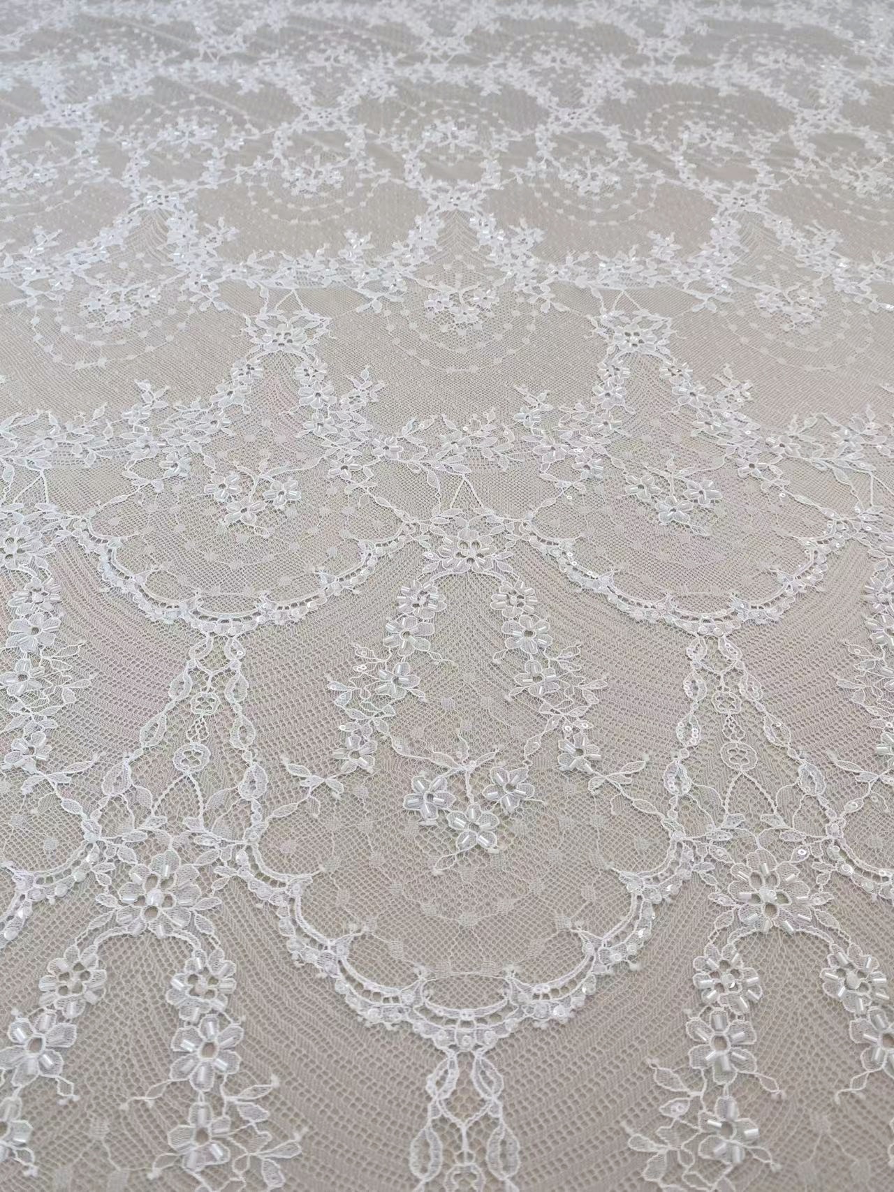 Off White French Chantilly Lace Fabric, Beaded Bridal Wedding Fabric Unique Mermaid Bridal Lace Fabric By 3 Meters