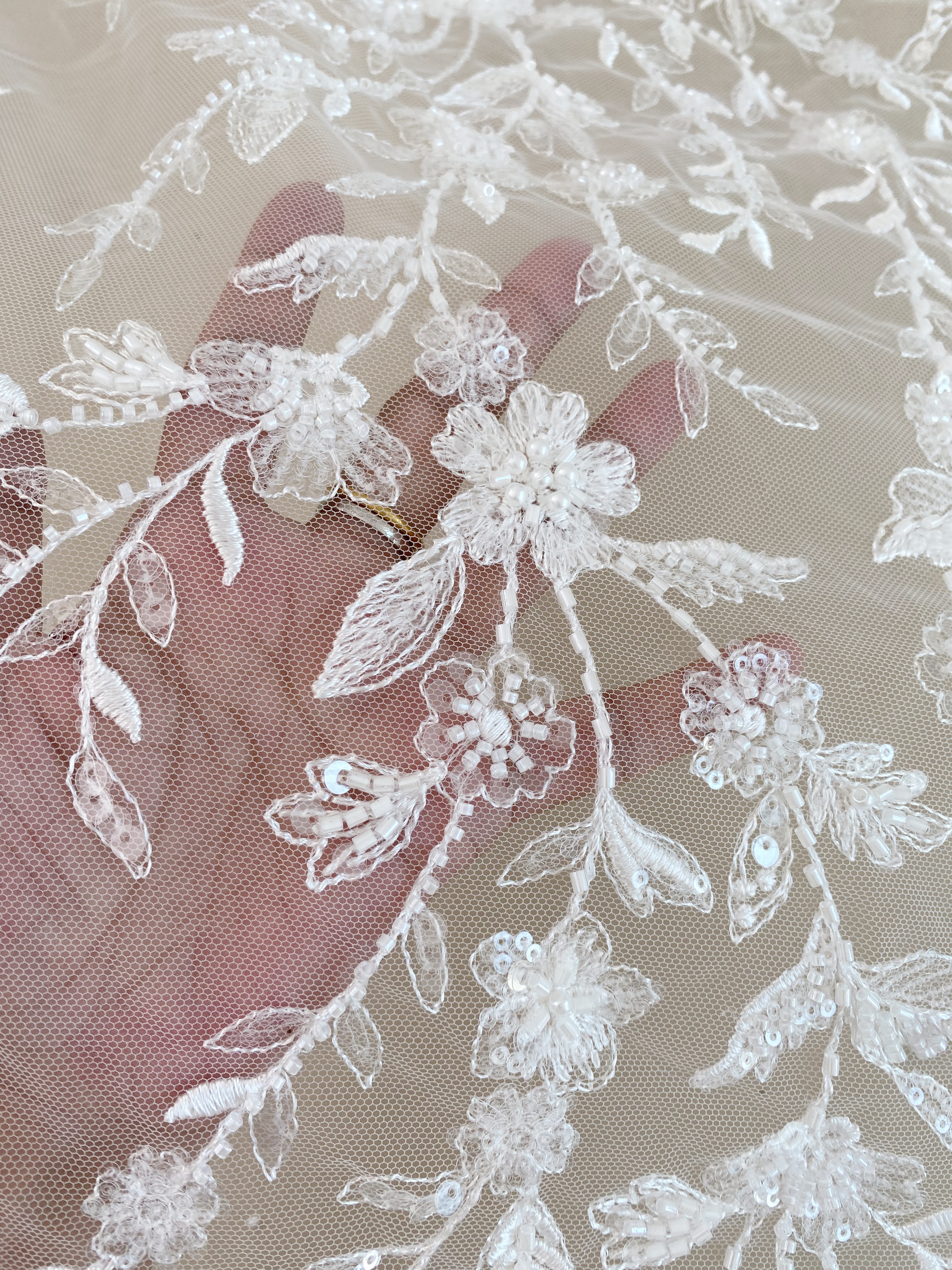 Beaded Flower Bridal Lace Fabric with Transparent Sequins, Floral Tulle Lace Fabric, Luxurious Embroidery Wedding Dress Lace By Yard