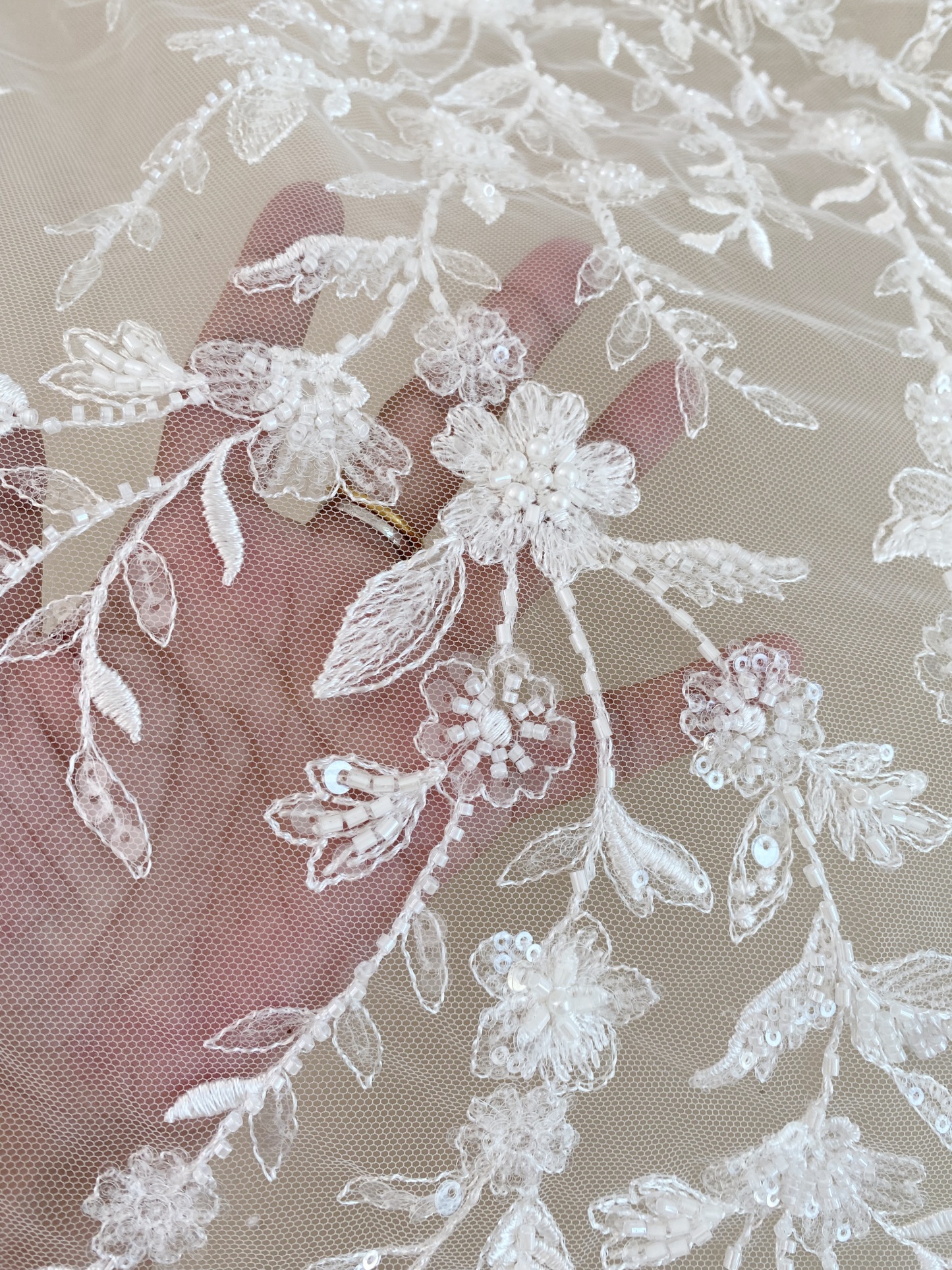 Beaded Flower Bridal Lace Fabric with Transparent Sequins, Floral Tulle Lace Fabric, Luxurious Embroidery Wedding Dress Lace By Yard