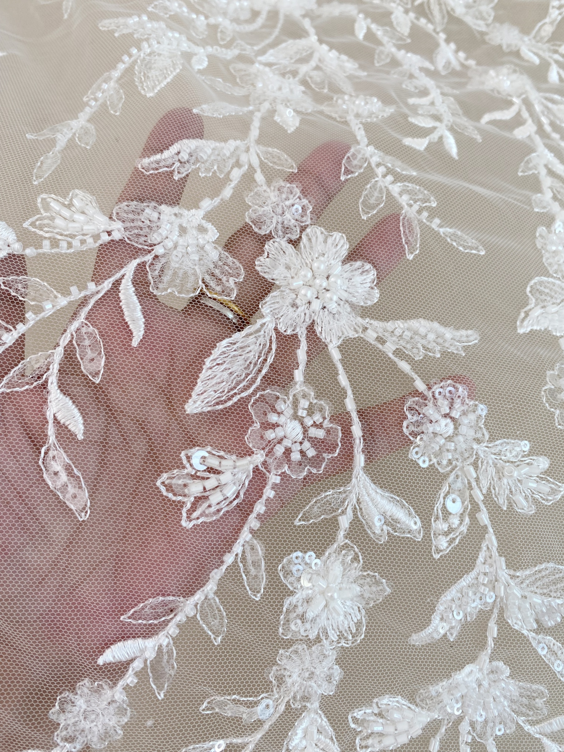 Beaded Flower Bridal Lace Fabric with Transparent Sequins, Floral Tulle Lace Fabric, Luxurious Embroidery Wedding Dress Lace By Yard