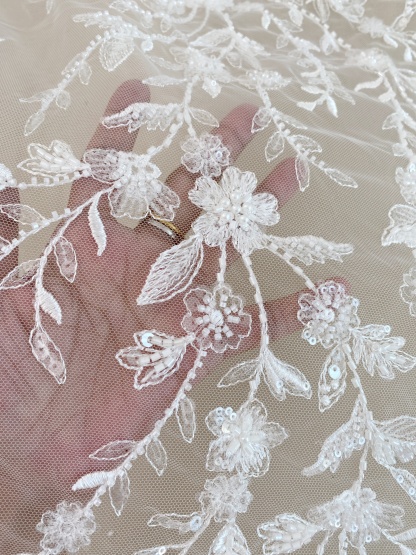 Beaded Flower Bridal Lace Fabric with Transparent Sequins, Floral Tulle Lace Fabric, Luxurious Embroidery Wedding Dress Lace By Yard
