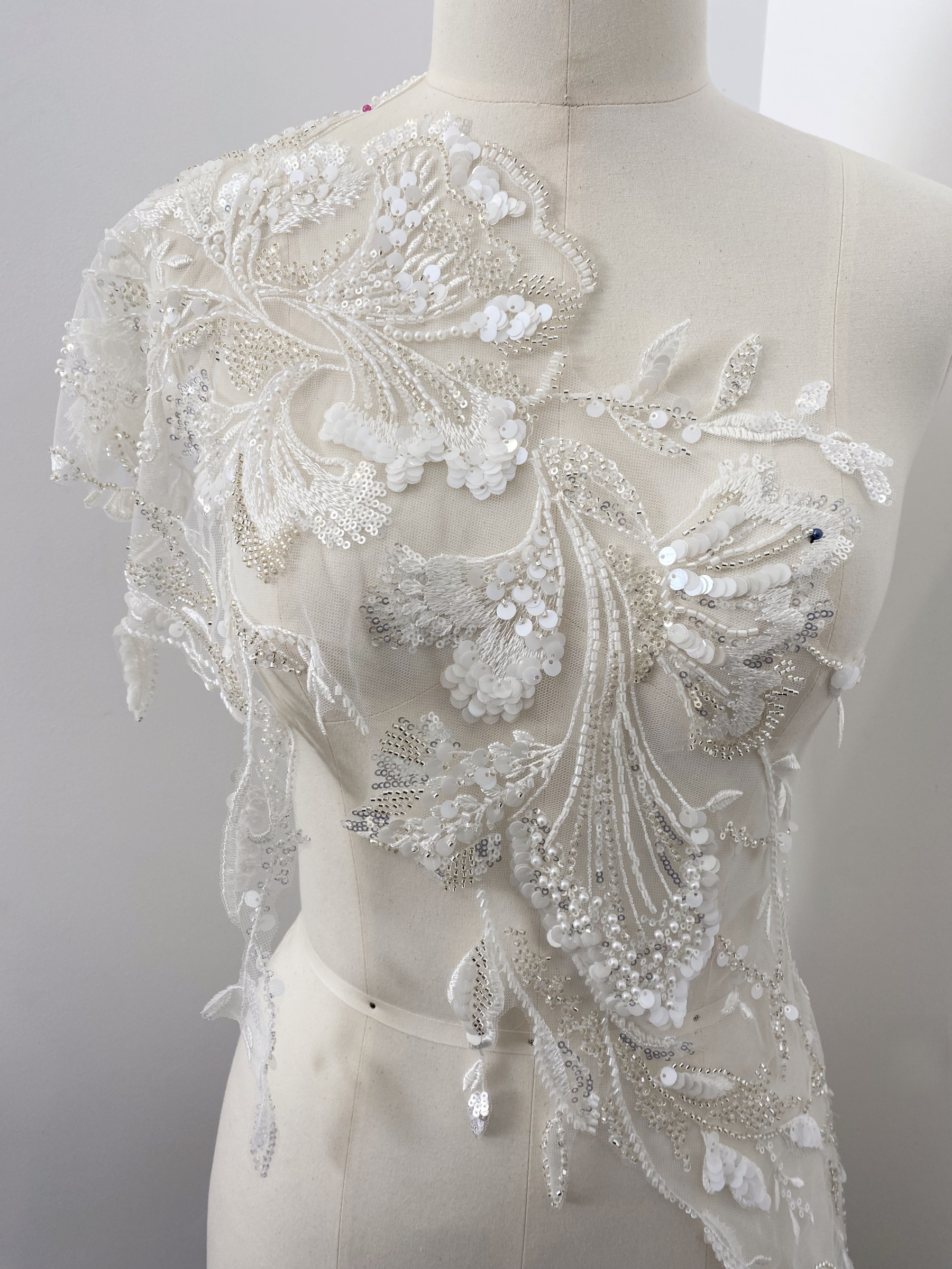 Beaded Lace Trim with Sequins, White Sequined Petal 3D Lace Applique Pair with Handmade Beads for Costume, Bridal Gown, Prom Dress