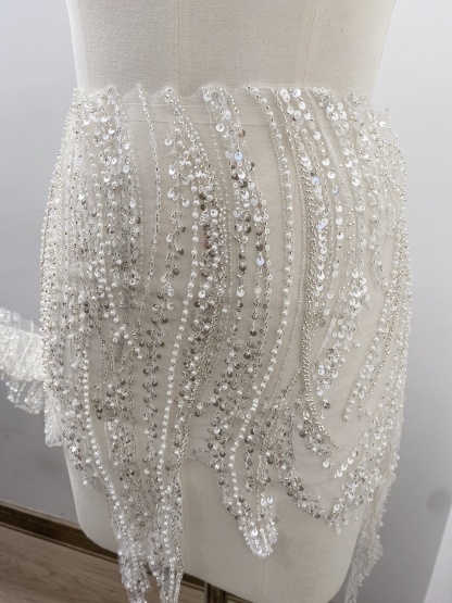 Luxury Silver Beaded Lace Trim with Sequins and Beads,3D Wave Lace Fabric for Wedding Veil, Dress Hem or Evening Gown