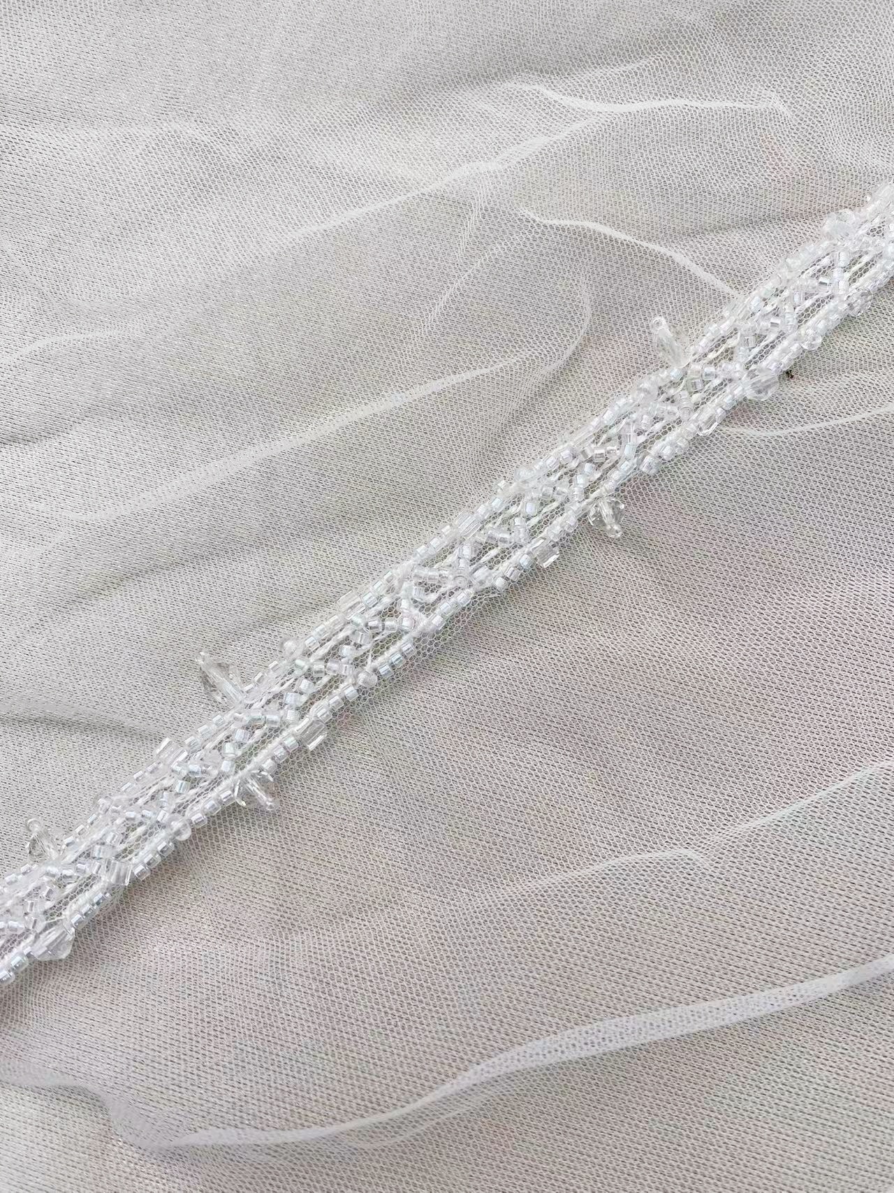 Clear White Beaded Trim with Droplets Glass Crystal Lace Trim for Bridal Dress Belt Headwear DIY Home Decor Craft, Sold by 1 Yard
