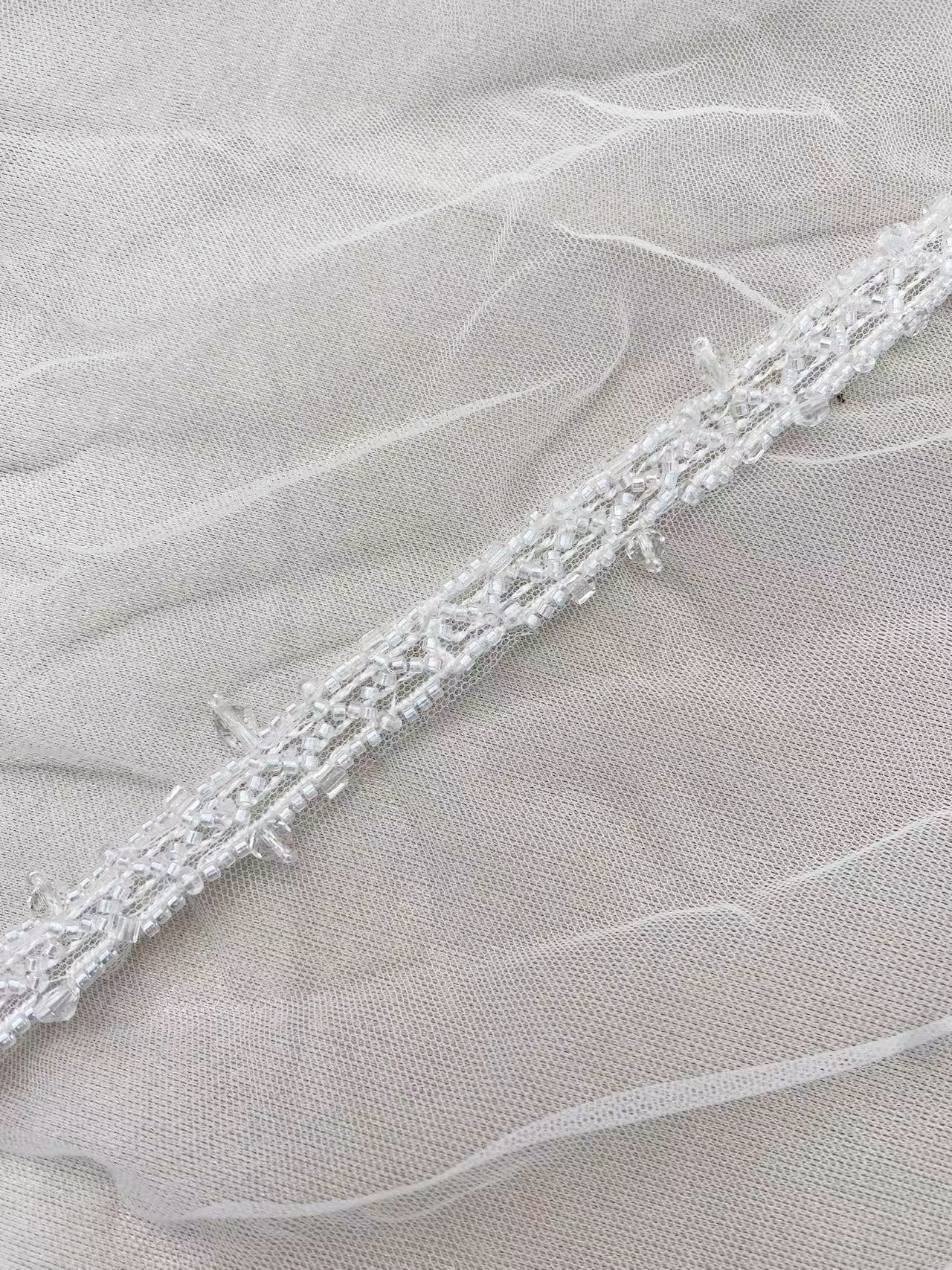 Clear White Beaded Trim with Droplets Glass Crystal Lace Trim for Bridal Dress Belt Headwear DIY Home Decor Craft, Sold by 1 Yard