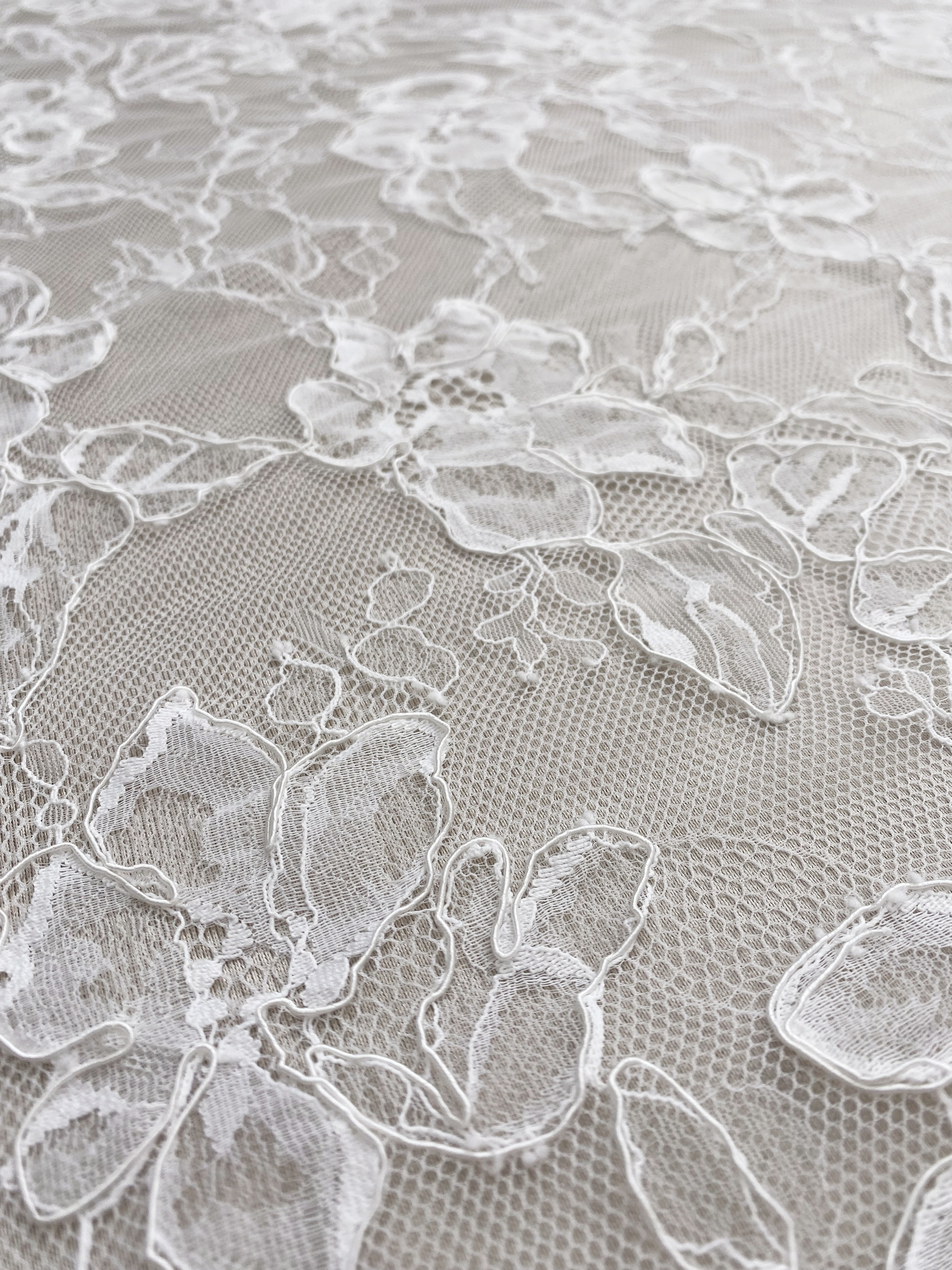 Off White French Alencon Lace Fabric with Corded Floral, Bridal Wedding Floral Embroidery Lace Fabric Sold as 3 meters