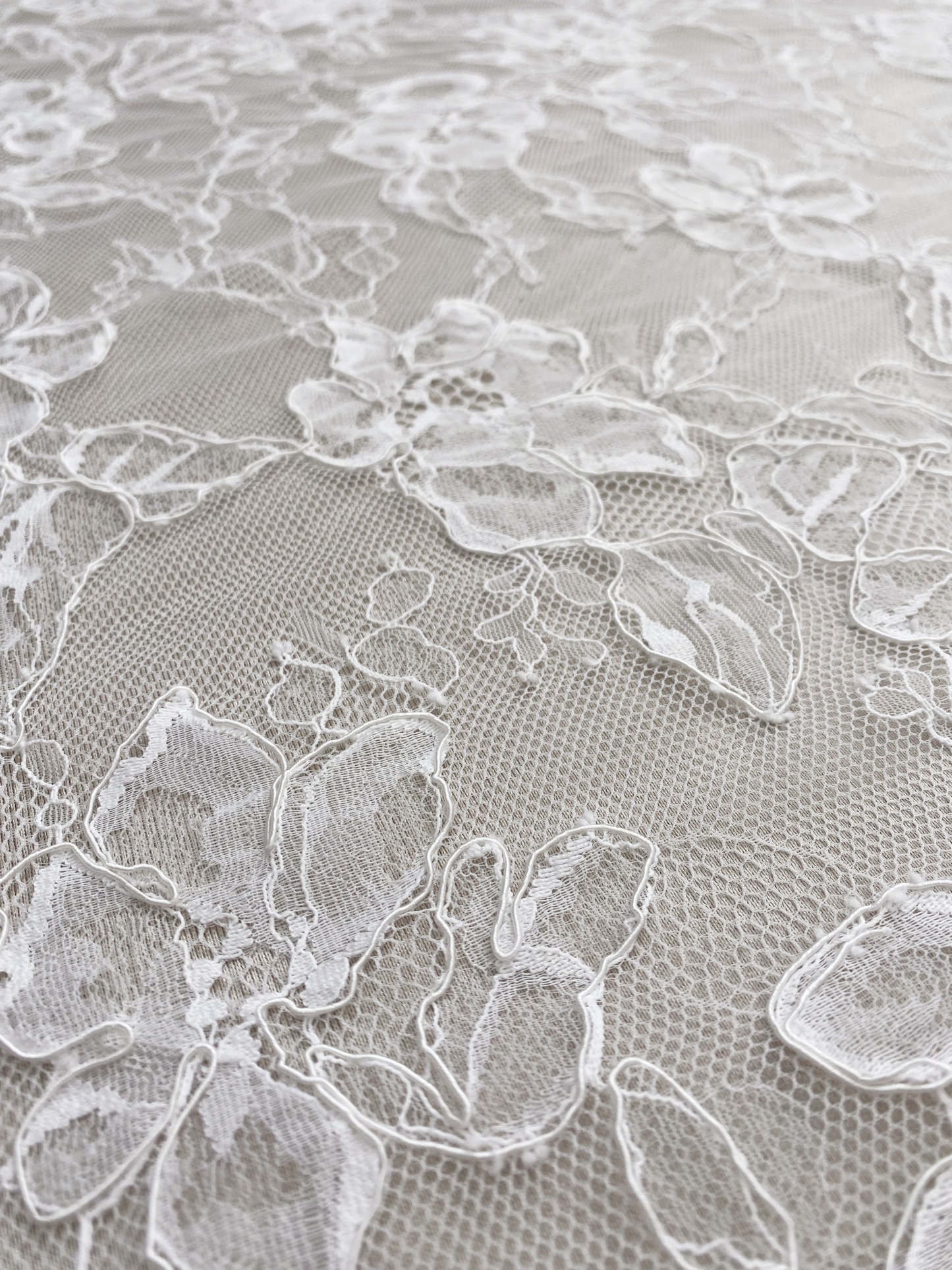 Off White French Alencon Lace Fabric with Corded Floral, Bridal Wedding Floral Embroidery Lace Fabric Sold as 3 meters