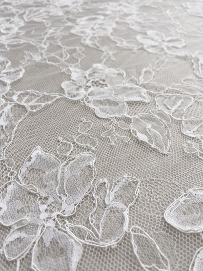 Off White French Alencon Lace Fabric with Corded Floral, Bridal Wedding Floral Embroidery Lace Fabric Sold as 3 meters