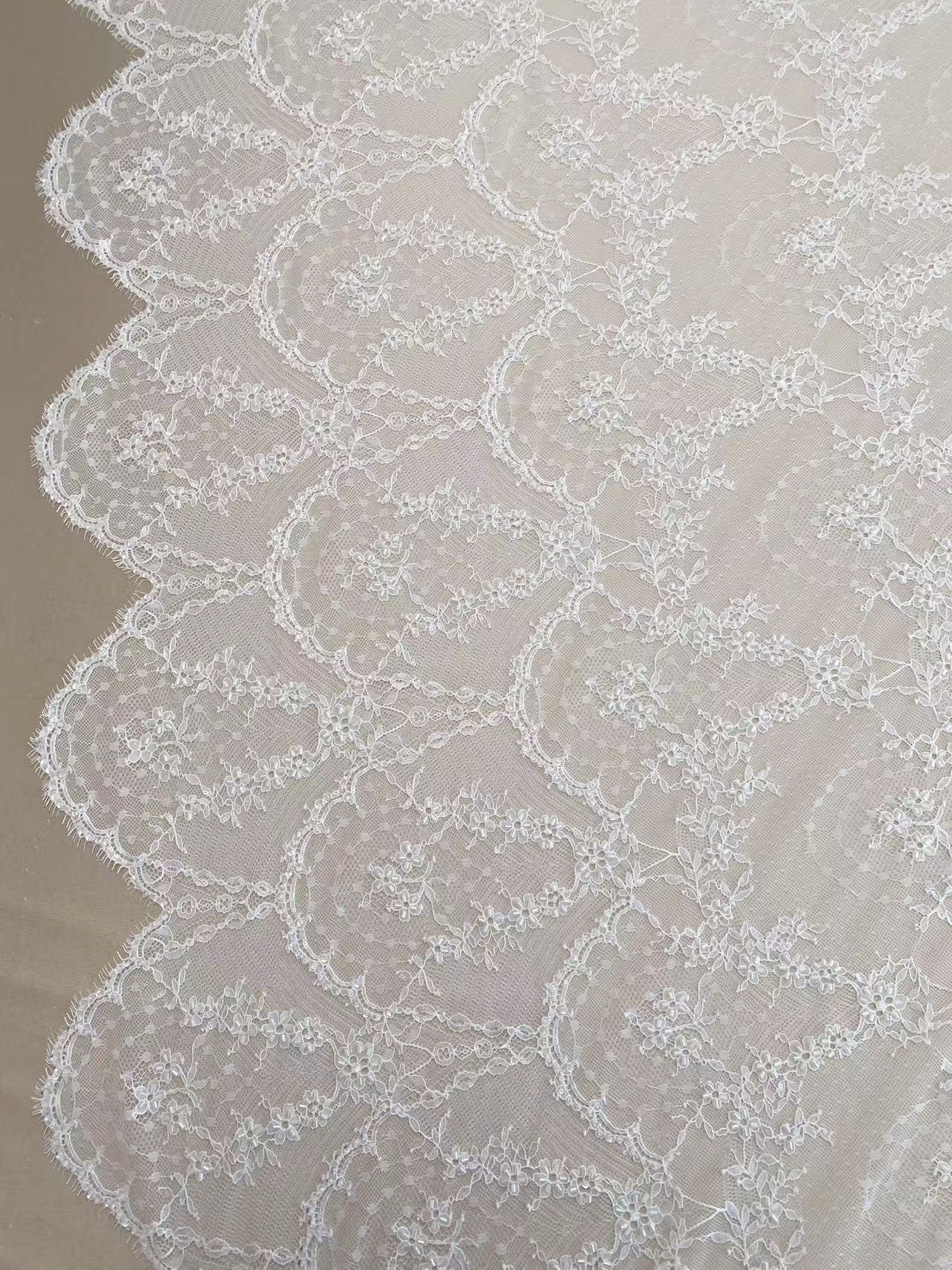 Off White French Chantilly Lace Fabric, Beaded Bridal Wedding Fabric Unique Mermaid Bridal Lace Fabric By 3 Meters