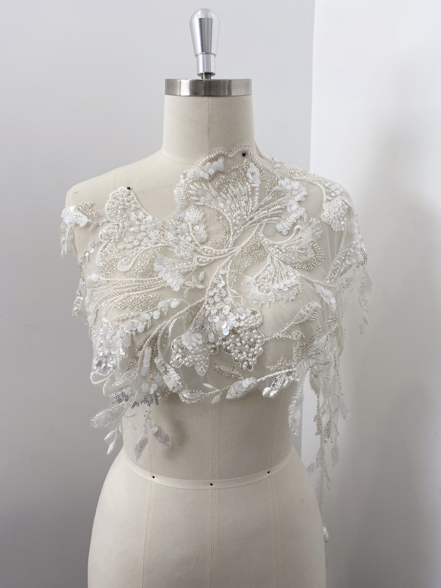 Beaded Lace Trim with Sequins, White Sequined Petal 3D Lace Applique Pair with Handmade Beads for Costume, Bridal Gown, Prom Dress