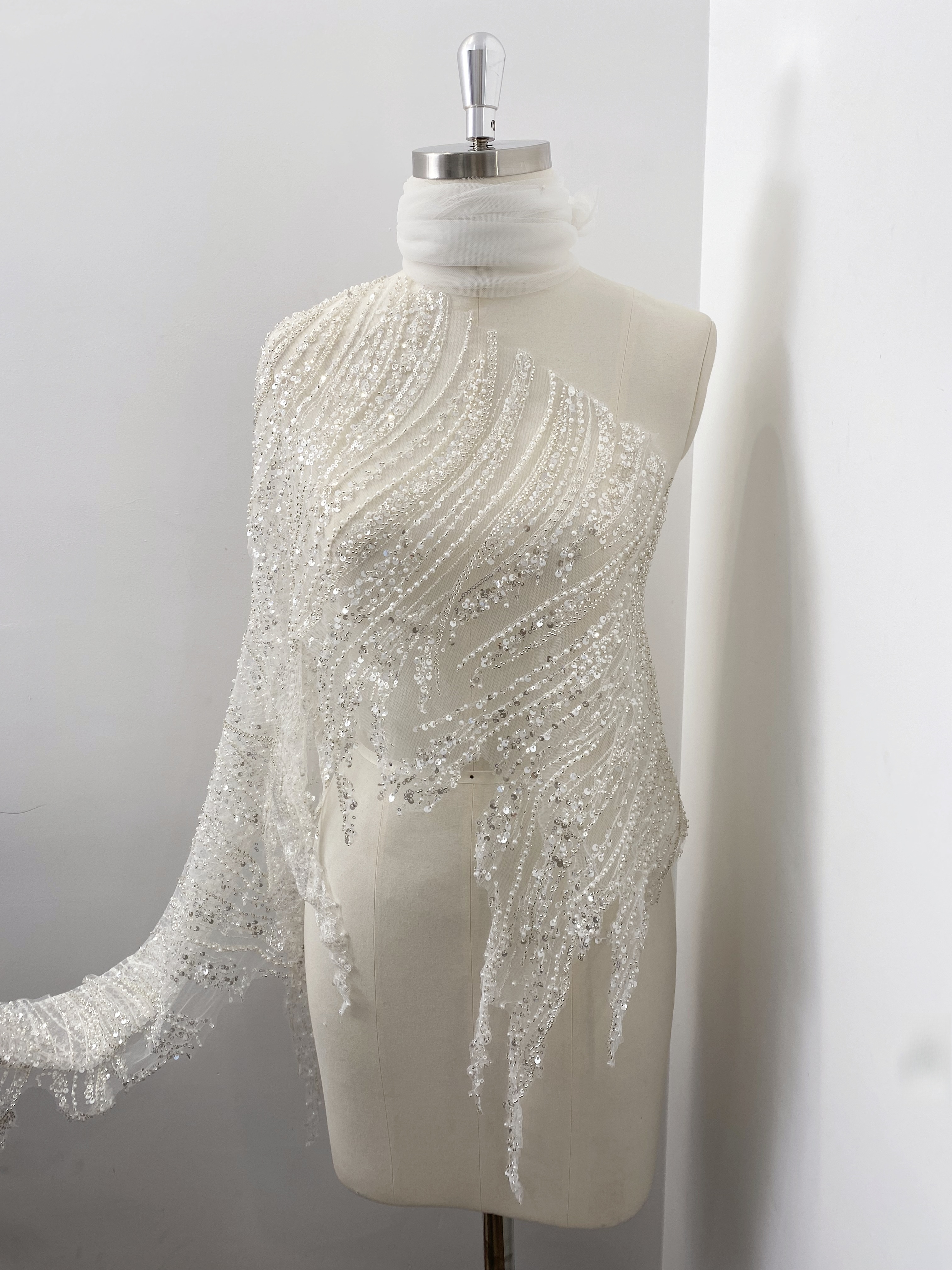 Luxury Silver Beaded Lace Trim with Sequins and Beads,3D Wave Lace Fabric for Wedding Veil, Dress Hem or Evening Gown