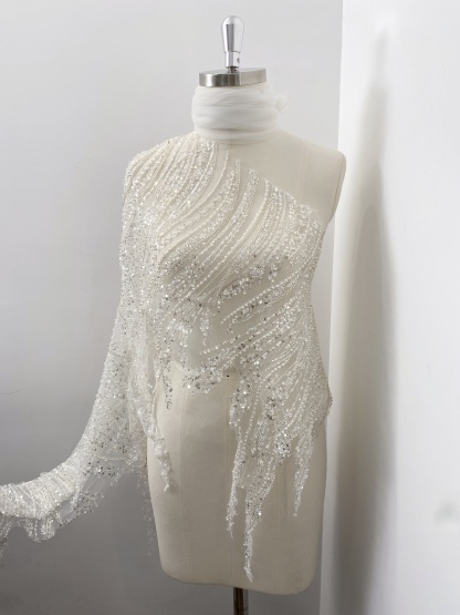 Luxury Silver Beaded Lace Trim with Sequins and Beads,3D Wave Lace Fabric for Wedding Veil, Dress Hem or Evening Gown