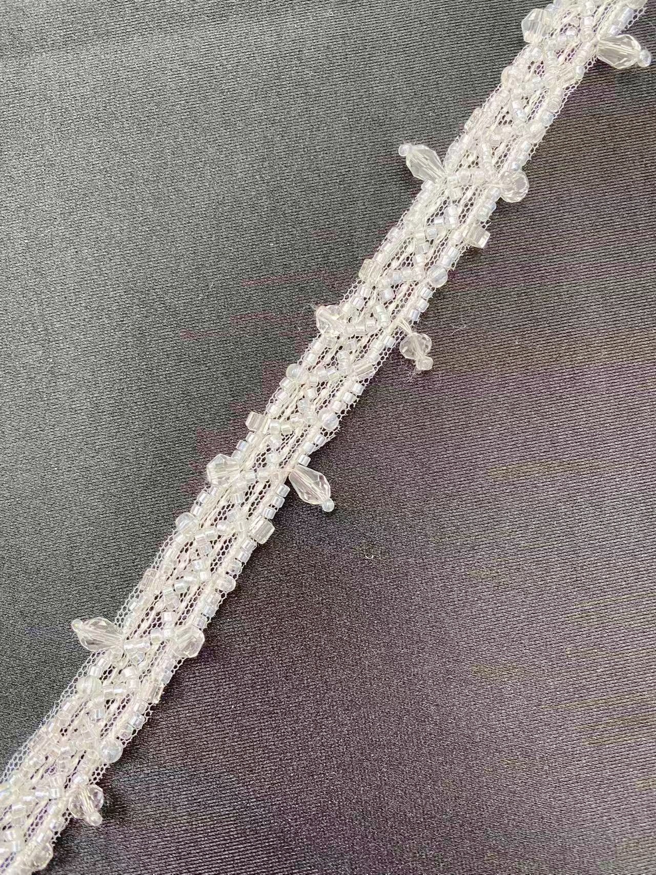 Clear White Beaded Trim with Droplets Glass Crystal Lace Trim for Bridal Dress Belt Headwear DIY Home Decor Craft, Sold by 1 Yard