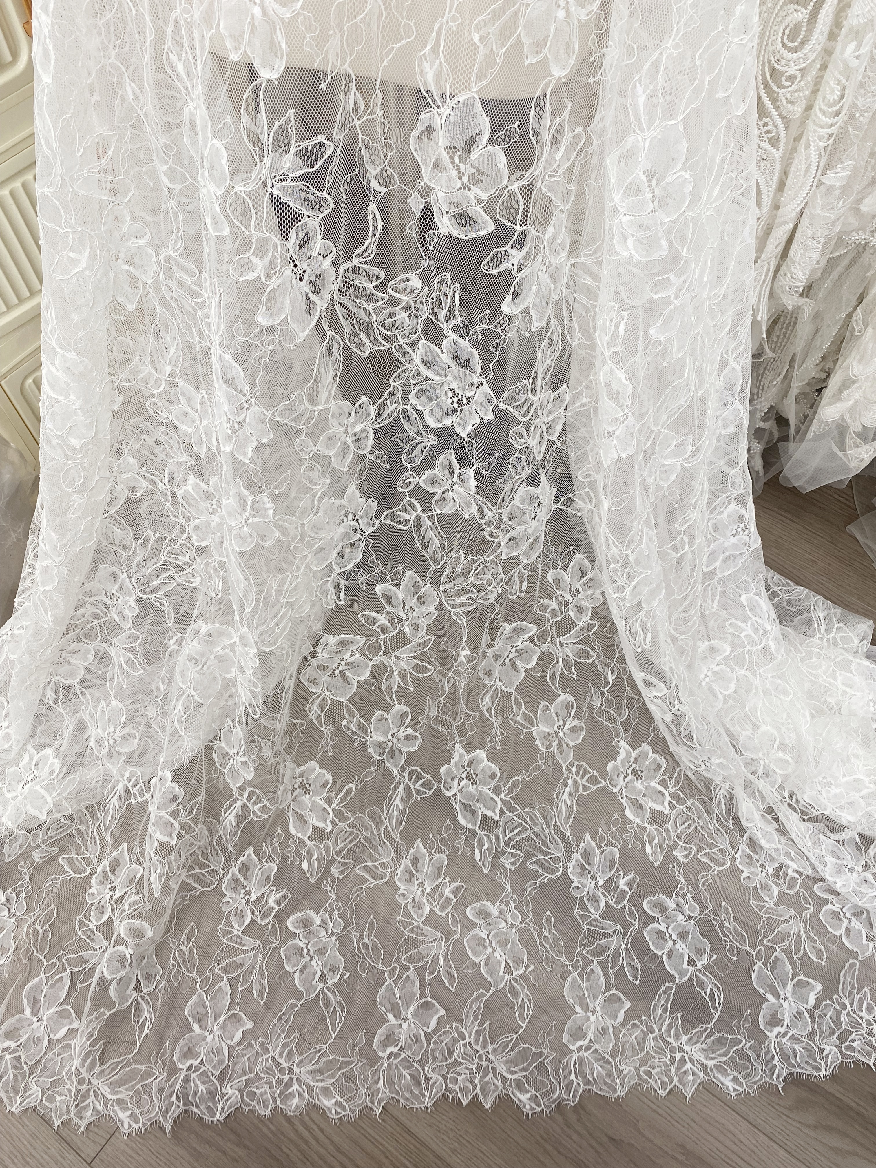 Off White French Alencon Lace Fabric with Corded Floral, Bridal Wedding Floral Embroidery Lace Fabric Sold as 3 meters