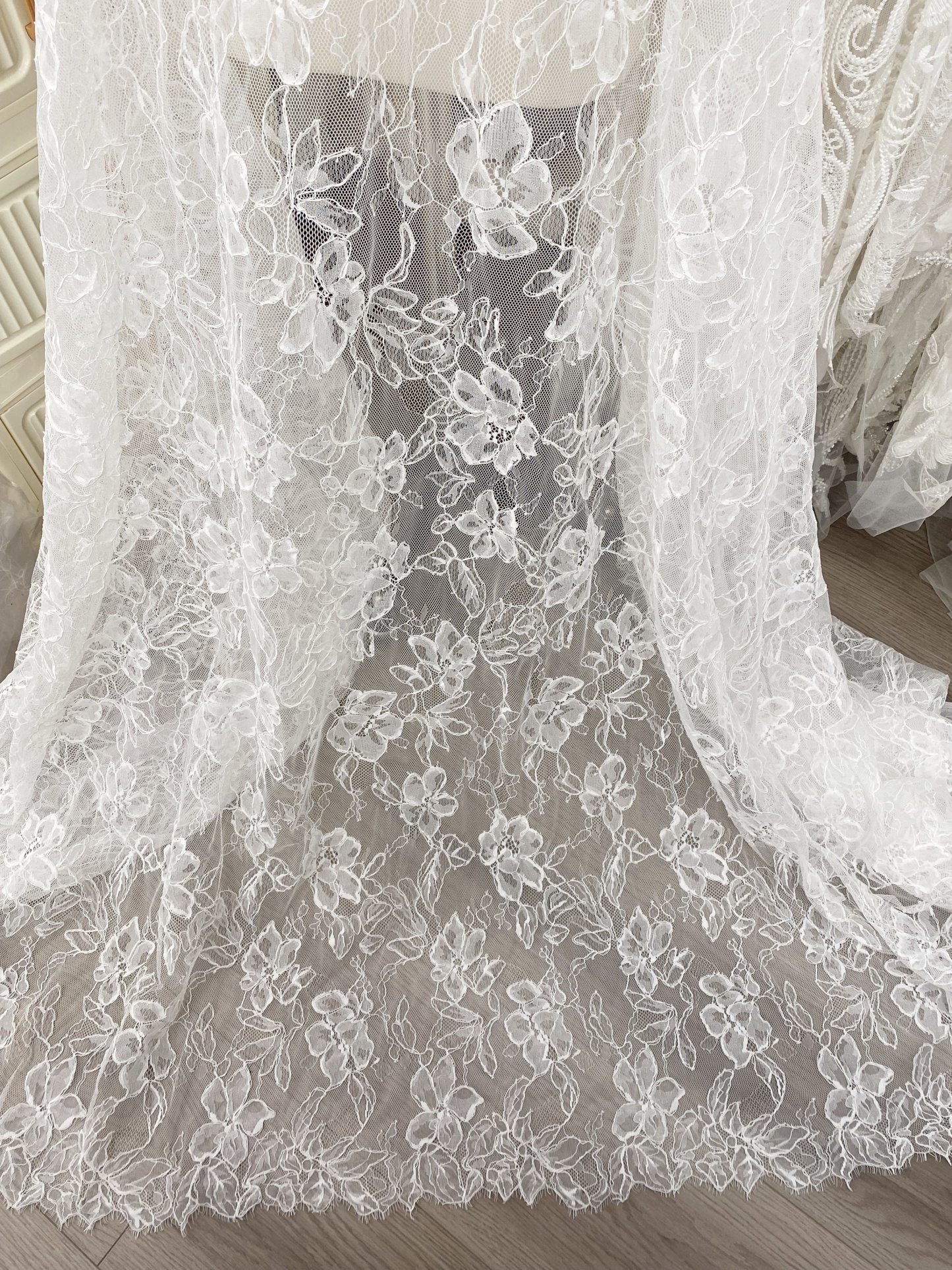 Off White French Alencon Lace Fabric with Corded Floral, Bridal Wedding Floral Embroidery Lace Fabric Sold as 3 meters