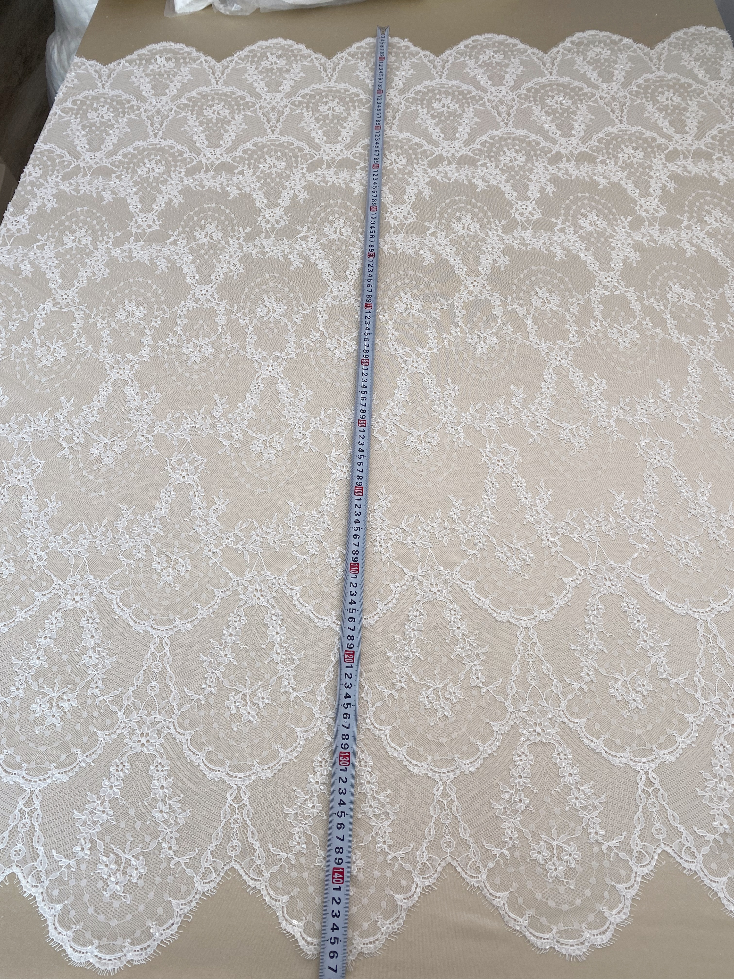Off White French Chantilly Lace Fabric, Beaded Bridal Wedding Fabric Unique Mermaid Bridal Lace Fabric By 3 Meters