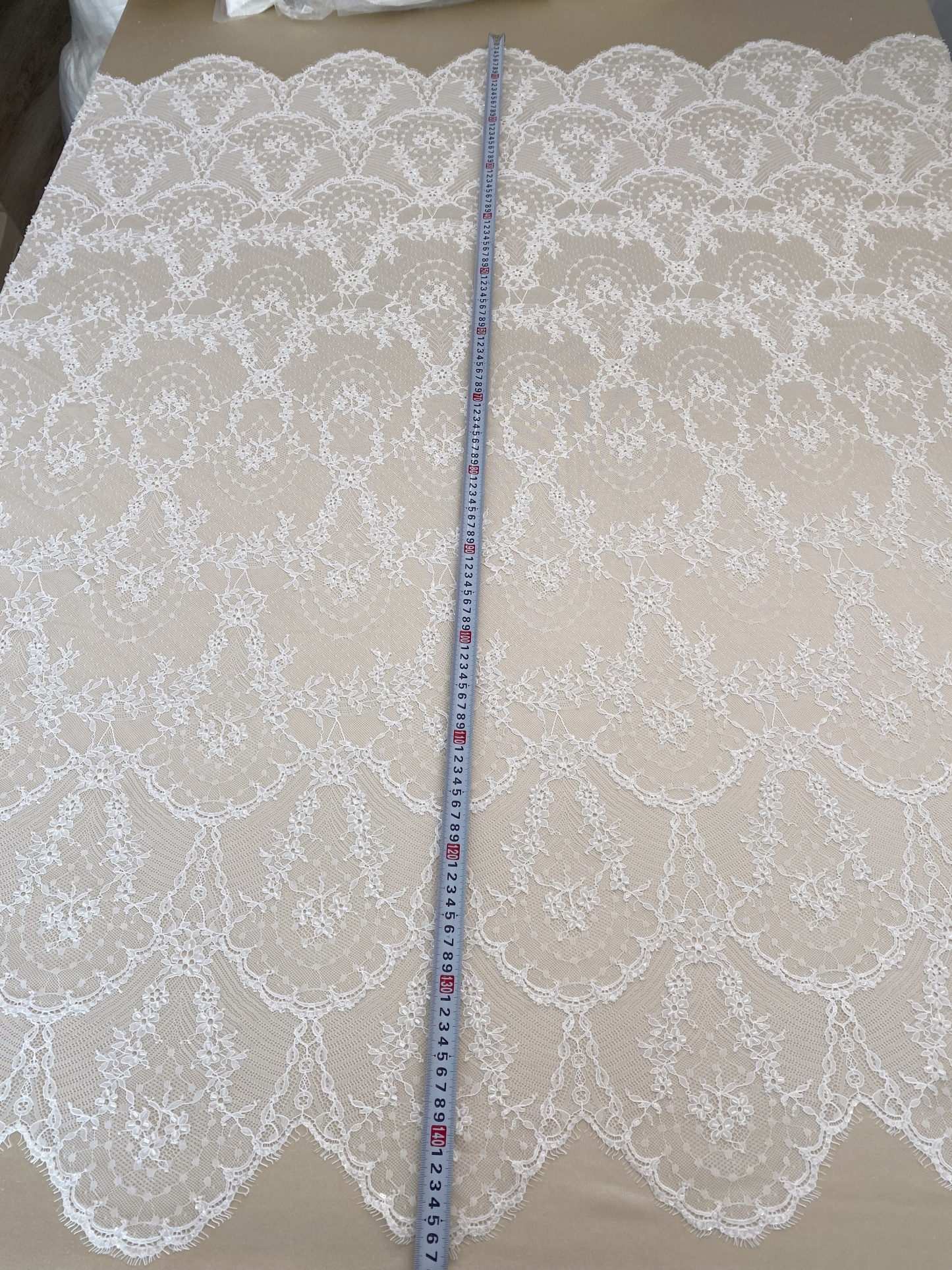 Off White French Chantilly Lace Fabric, Beaded Bridal Wedding Fabric Unique Mermaid Bridal Lace Fabric By 3 Meters