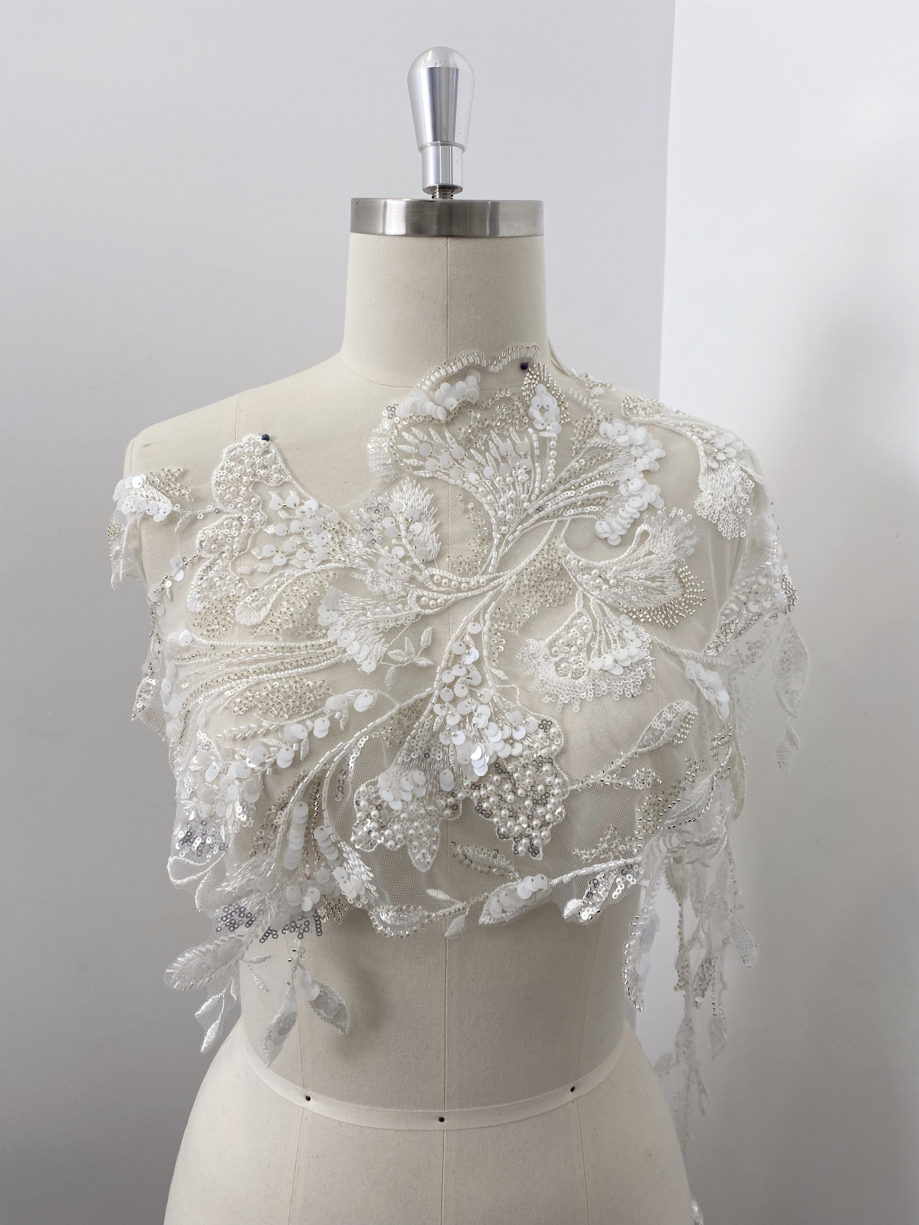 Beaded Lace Trim with Sequins, White Sequined Petal 3D Lace Applique Pair with Handmade Beads for Costume, Bridal Gown, Prom Dress