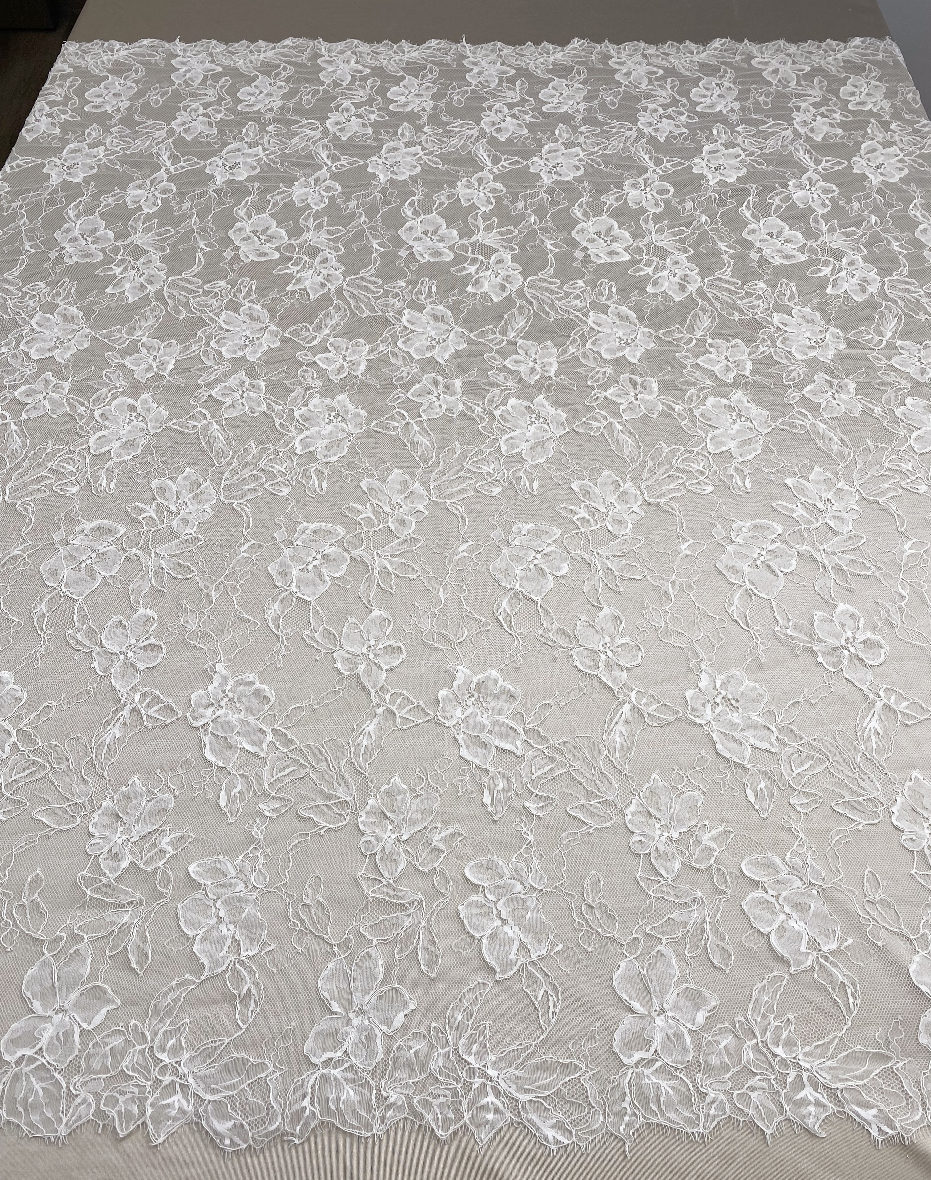 Off White French Alencon Lace Fabric with Corded Floral, Bridal Wedding Floral Embroidery Lace Fabric Sold as 3 meters