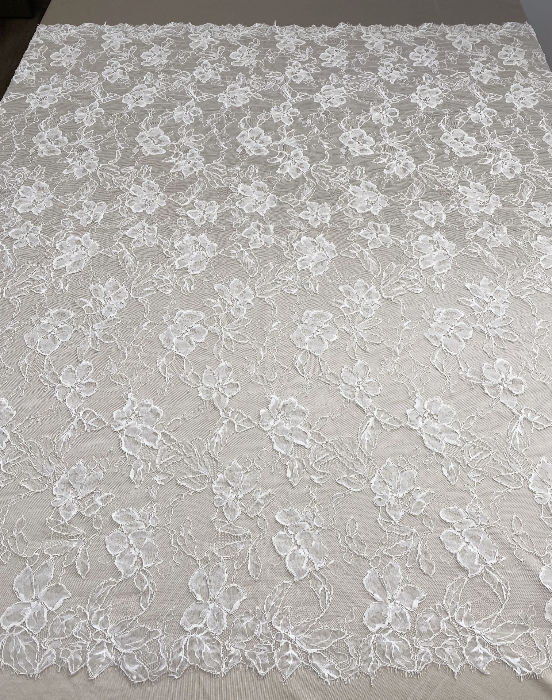 Off White French Alencon Lace Fabric with Corded Floral, Bridal Wedding Floral Embroidery Lace Fabric Sold as 3 meters