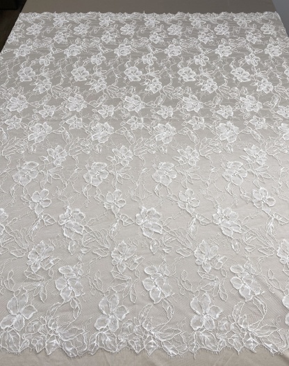 Off White French Alencon Lace Fabric with Corded Floral, Bridal Wedding Floral Embroidery Lace Fabric Sold as 3 meters