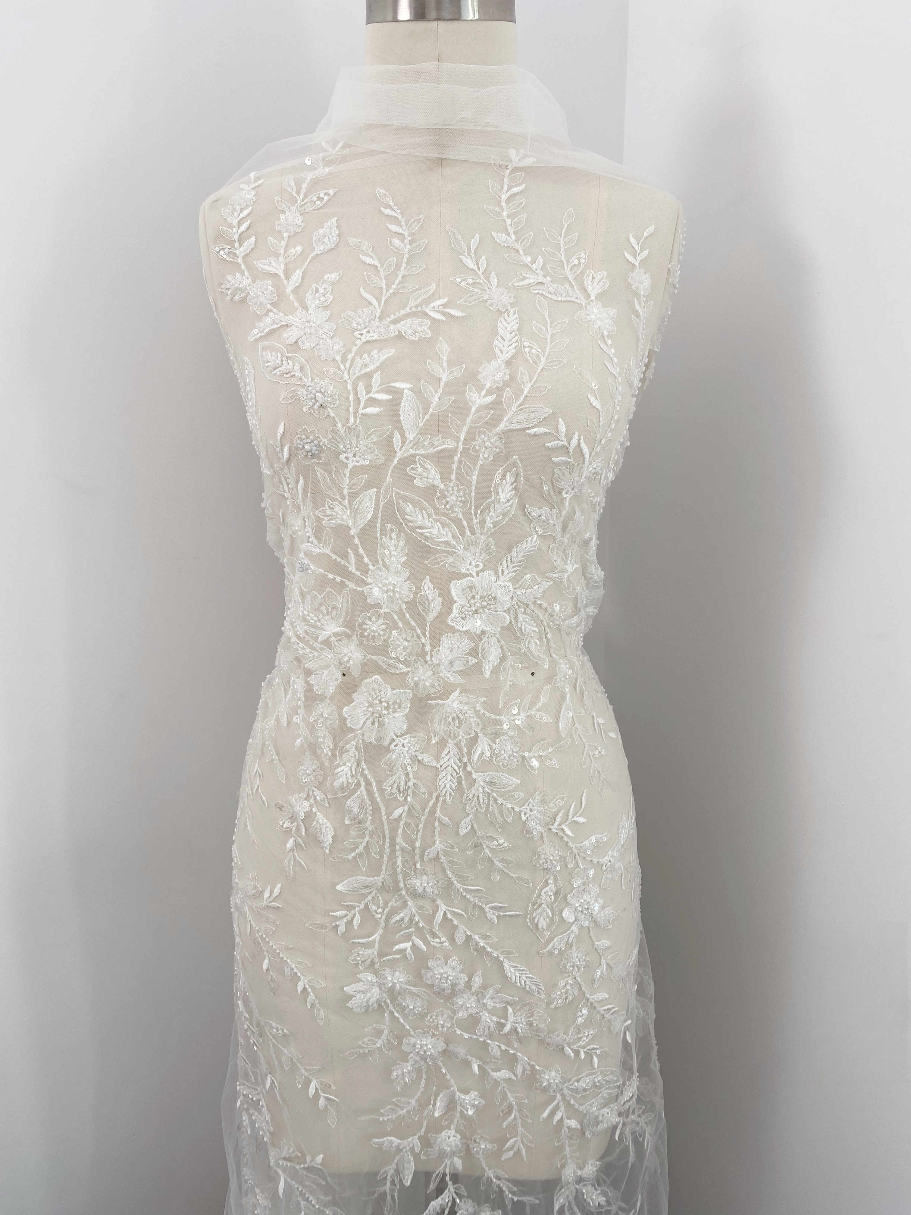 Beaded Flower Bridal Lace Fabric with Transparent Sequins, Floral Tulle Lace Fabric, Luxurious Embroidery Wedding Dress Lace By Yard