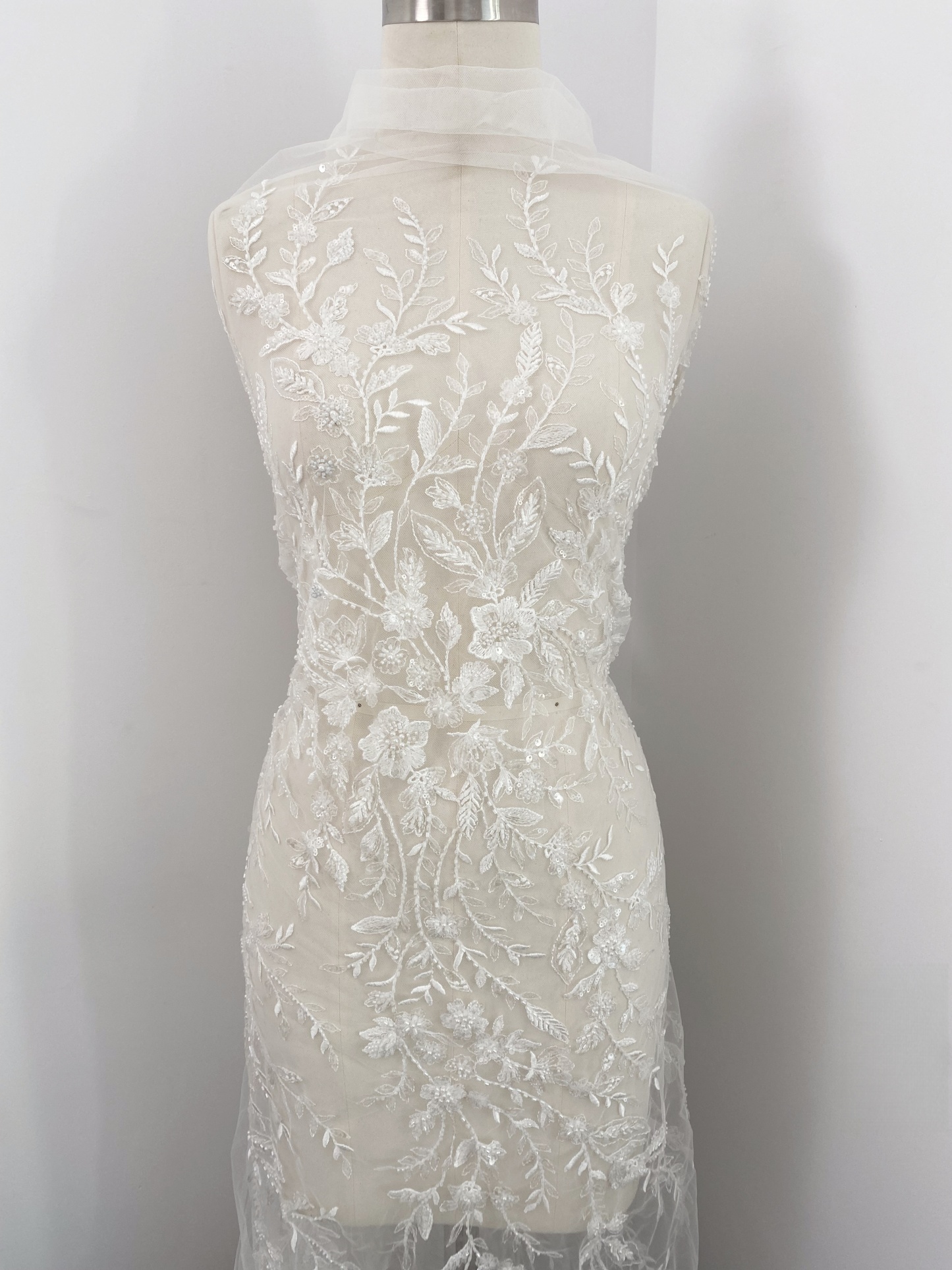 Beaded Flower Bridal Lace Fabric with Transparent Sequins, Floral Tulle Lace Fabric, Luxurious Embroidery Wedding Dress Lace By Yard