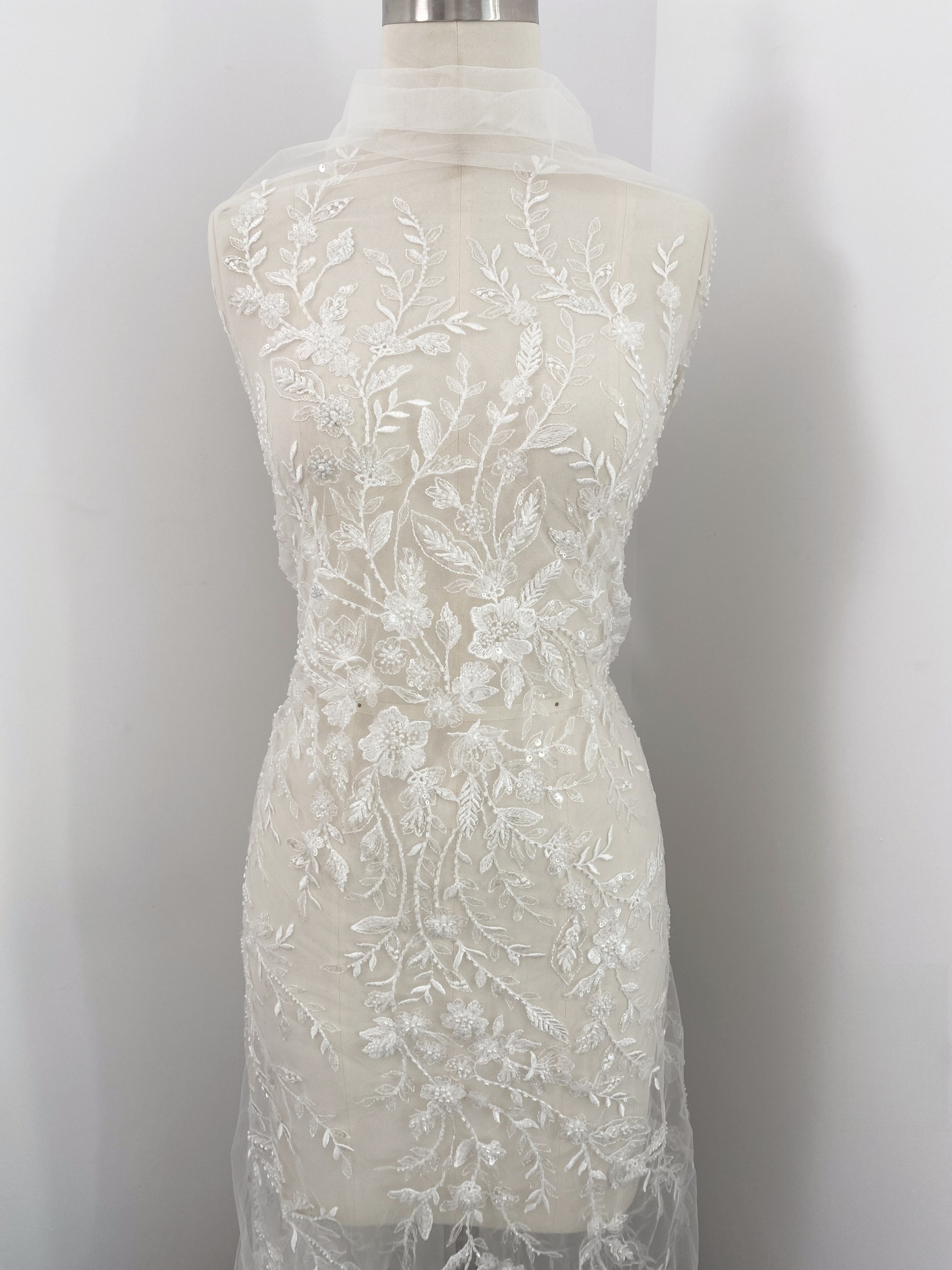 Beaded Flower Bridal Lace Fabric with Transparent Sequins, Floral Tulle Lace Fabric, Luxurious Embroidery Wedding Dress Lace By Yard