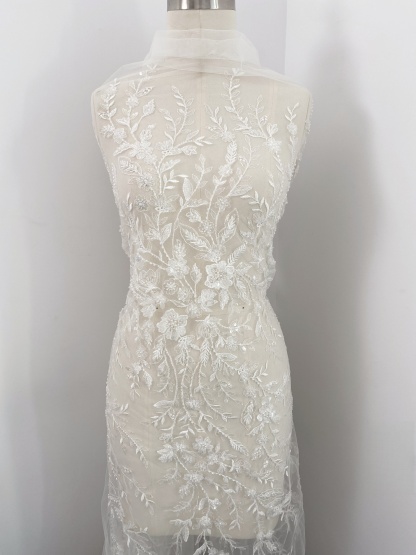 Beaded Flower Bridal Lace Fabric with Transparent Sequins, Floral Tulle Lace Fabric, Luxurious Embroidery Wedding Dress Lace By Yard