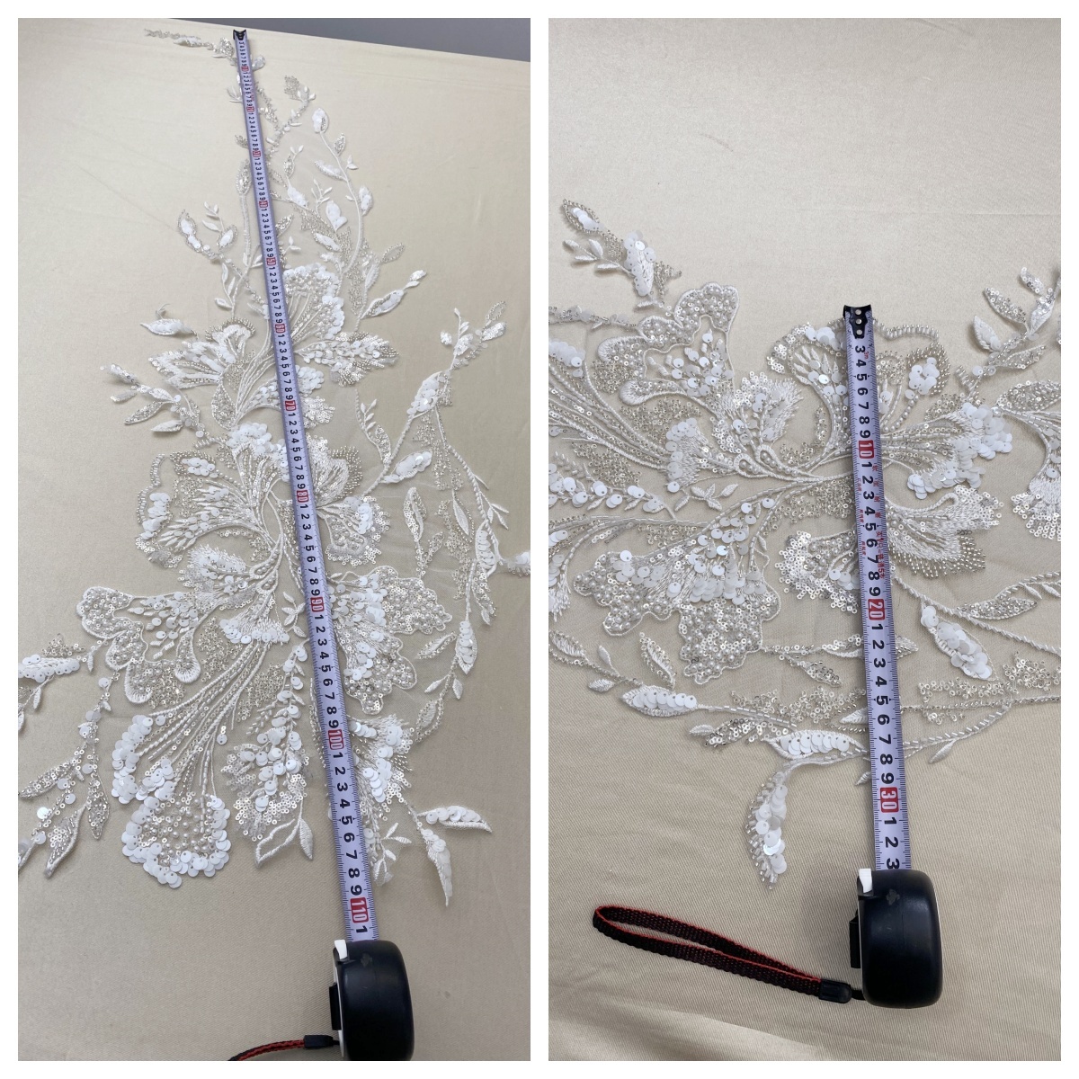 Beaded Lace Trim with Sequins, White Sequined Petal 3D Lace Applique Pair with Handmade Beads for Costume, Bridal Gown, Prom Dress