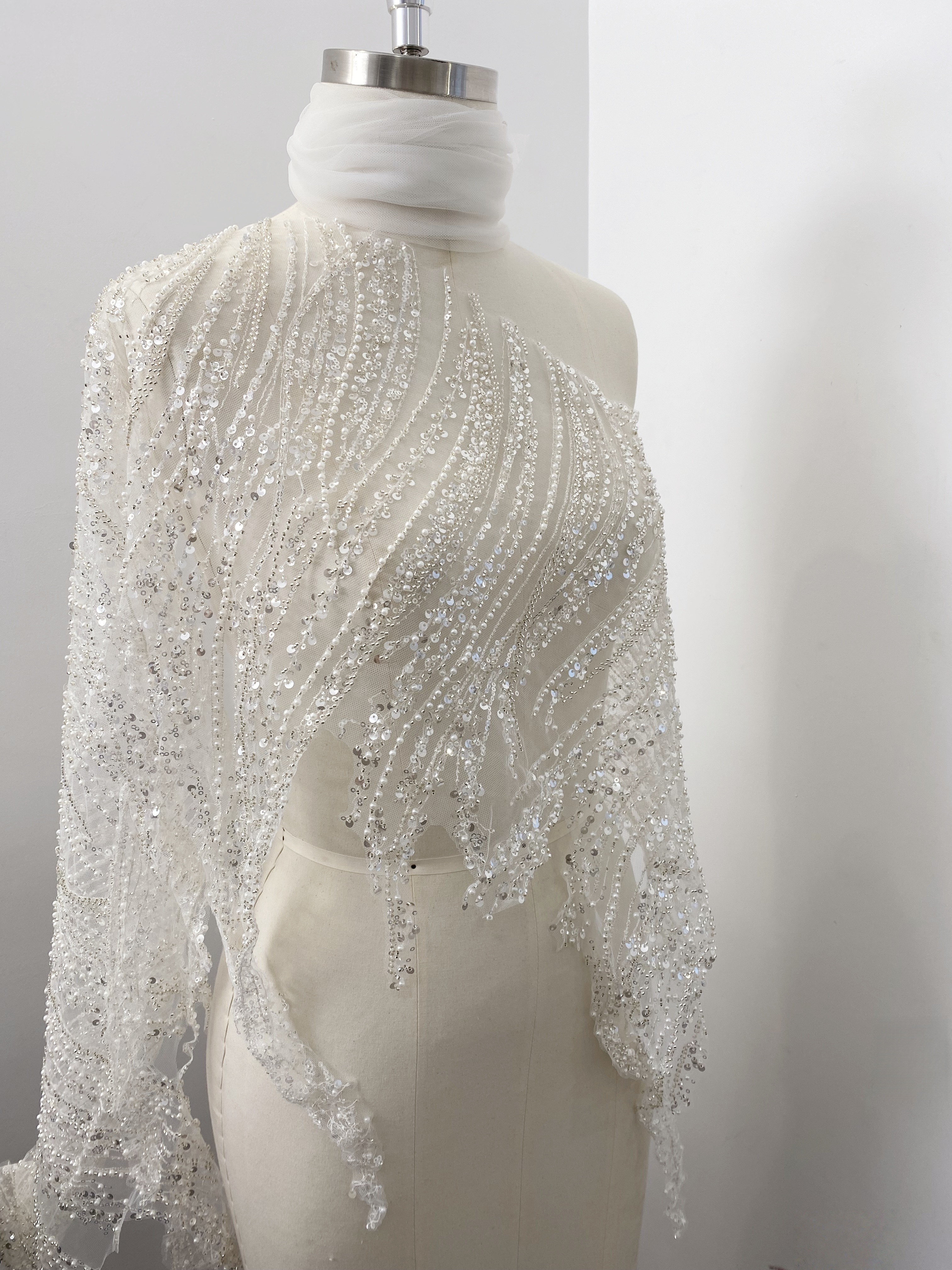 Luxury Silver Beaded Lace Trim with Sequins and Beads,3D Wave Lace Fabric for Wedding Veil, Dress Hem or Evening Gown