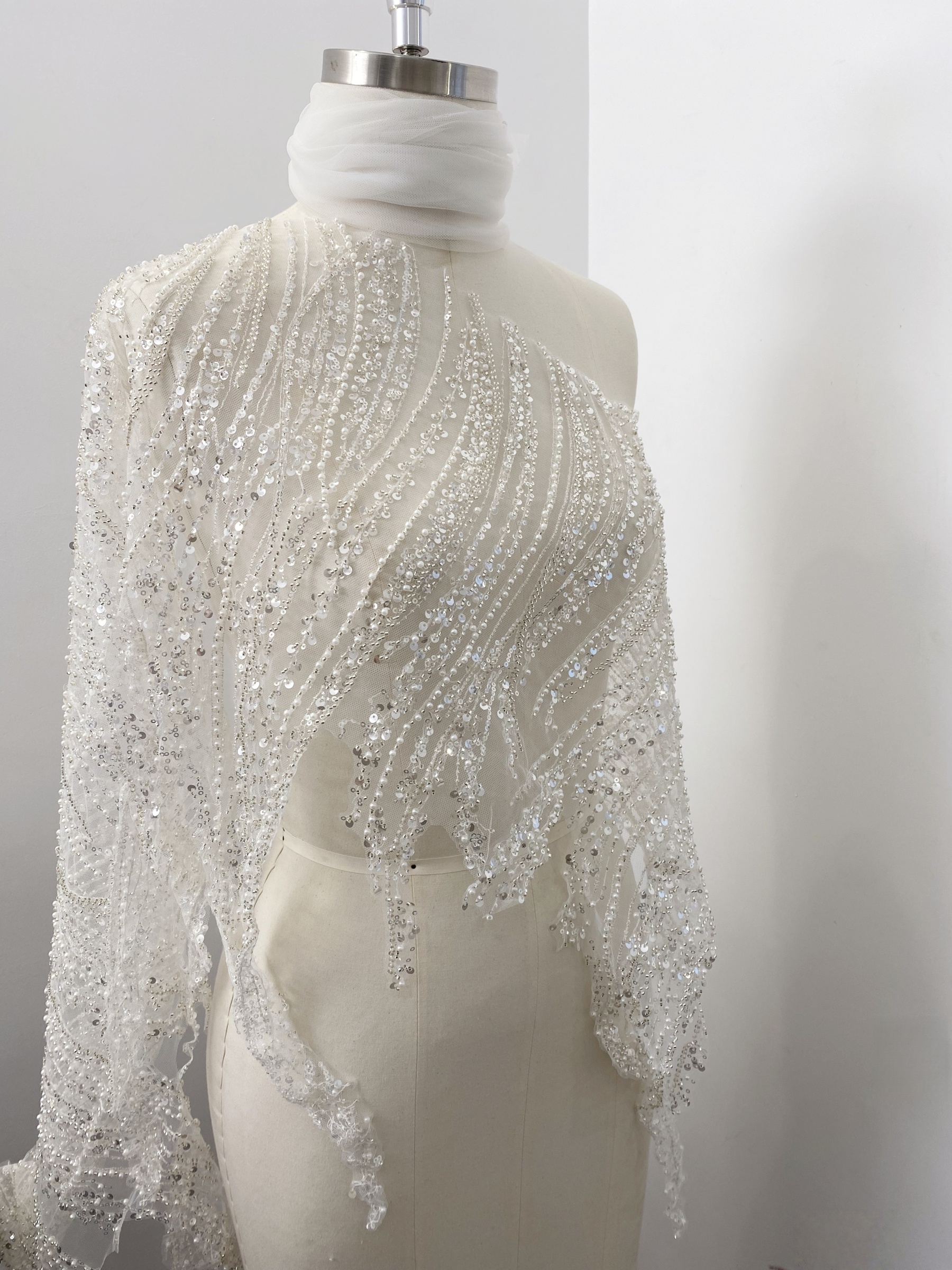 Luxury Silver Beaded Lace Trim with Sequins and Beads,3D Wave Lace Fabric for Wedding Veil, Dress Hem or Evening Gown