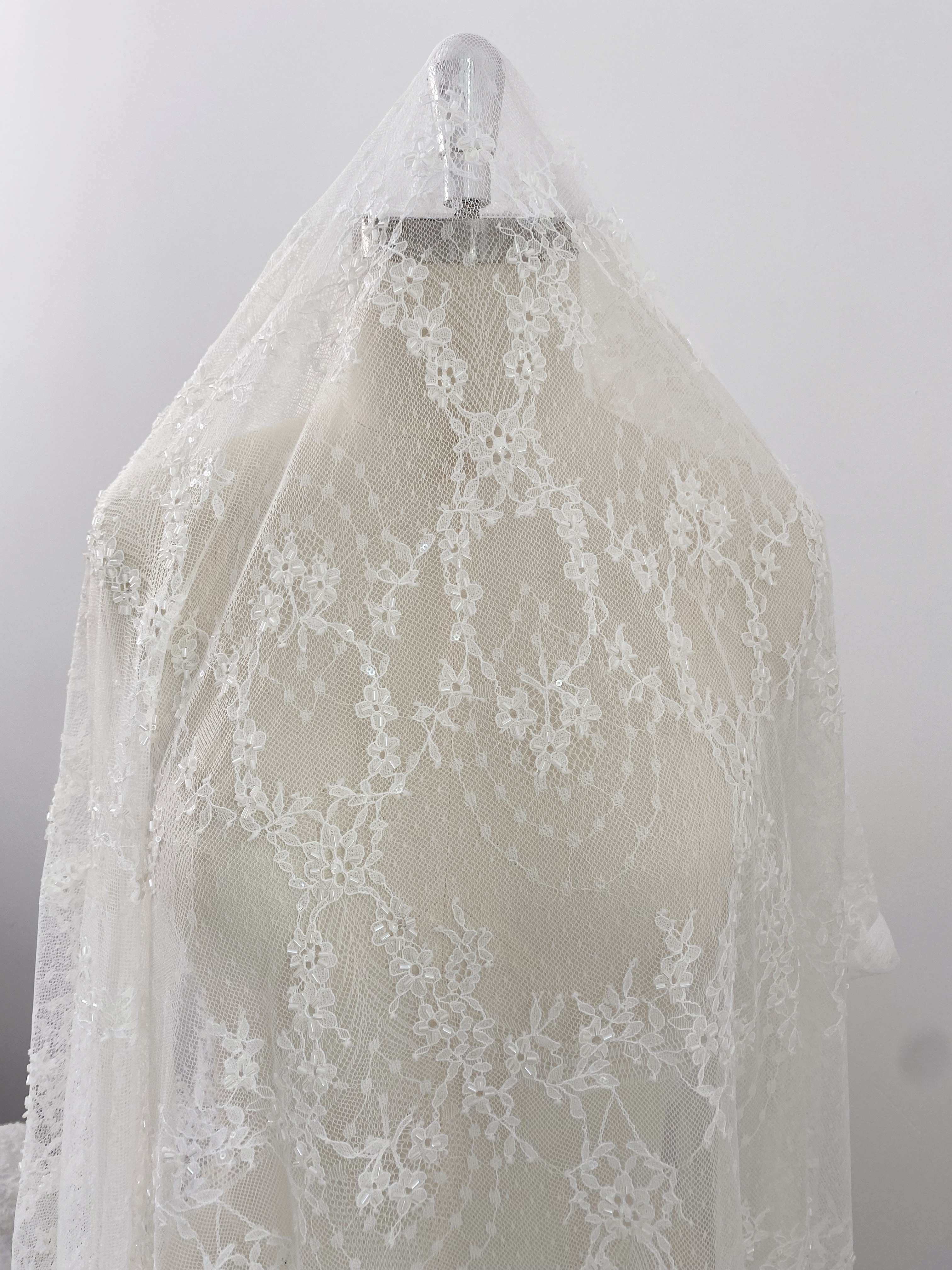 Off White French Chantilly Lace Fabric, Beaded Bridal Wedding Fabric Unique Mermaid Bridal Lace Fabric By 3 Meters