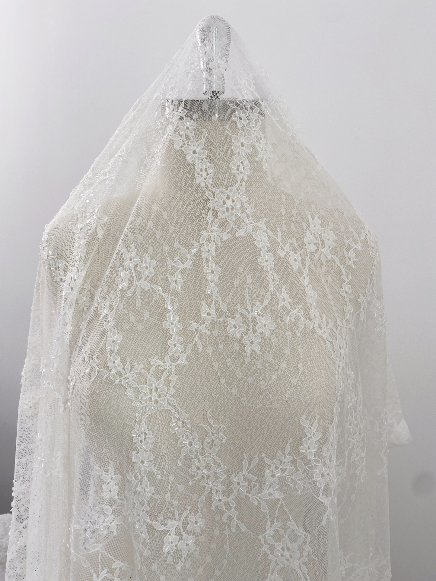 Off White French Chantilly Lace Fabric, Beaded Bridal Wedding Fabric Unique Mermaid Bridal Lace Fabric By 3 Meters