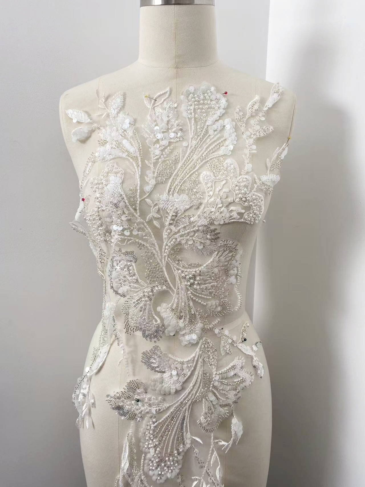 Beaded Lace Trim with Sequins, White Sequined Petal 3D Lace Applique Pair with Handmade Beads for Costume, Bridal Gown, Prom Dress